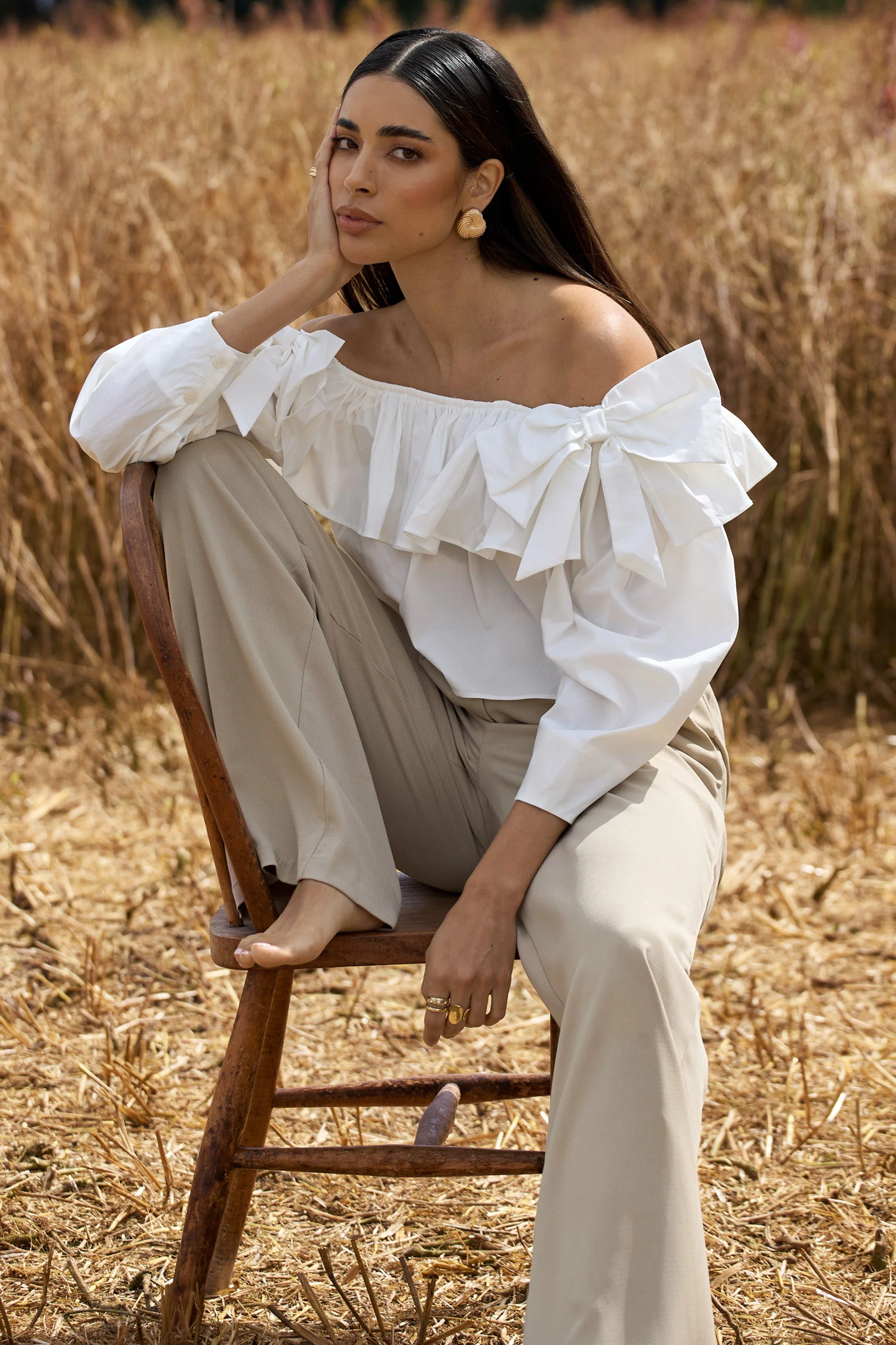 Cove | White Bardot Puff-Sleeve Ruffle Top With Bows - Image 4