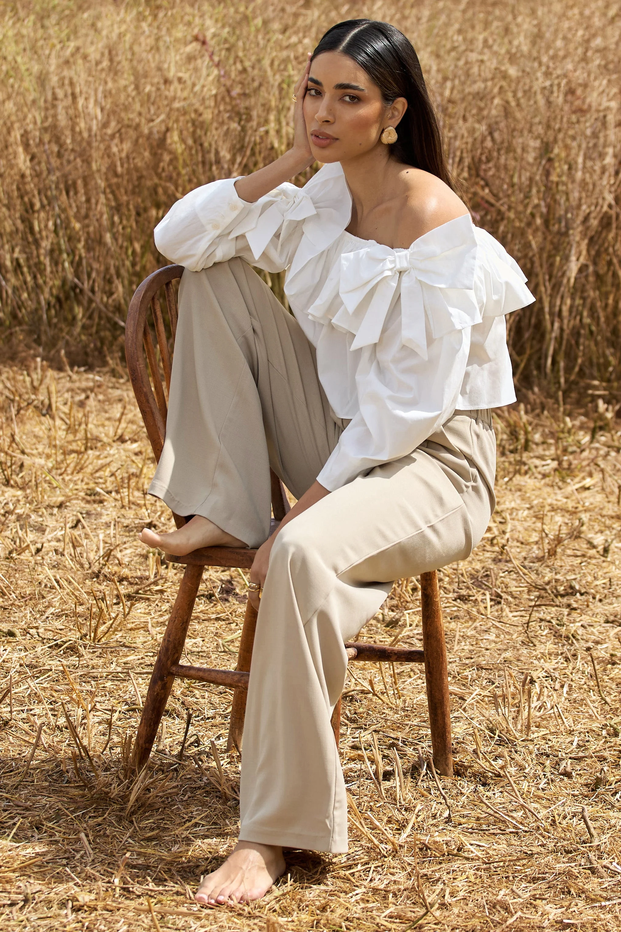 Cove | White Bardot Puff-Sleeve Ruffle Top With Bows - Image 5