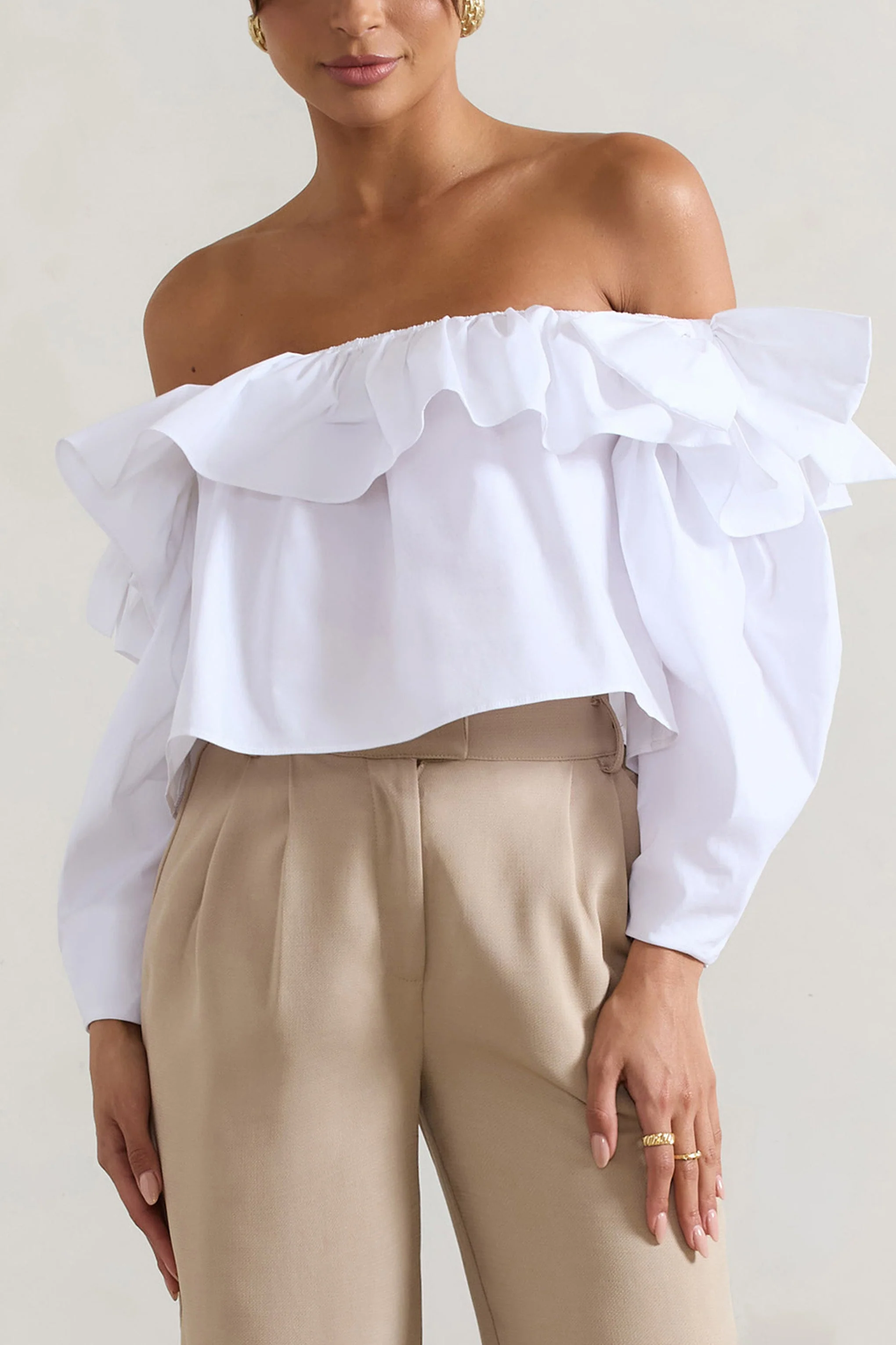 Cove | White Bardot Puff-Sleeve Ruffle Top With Bows - Image 7