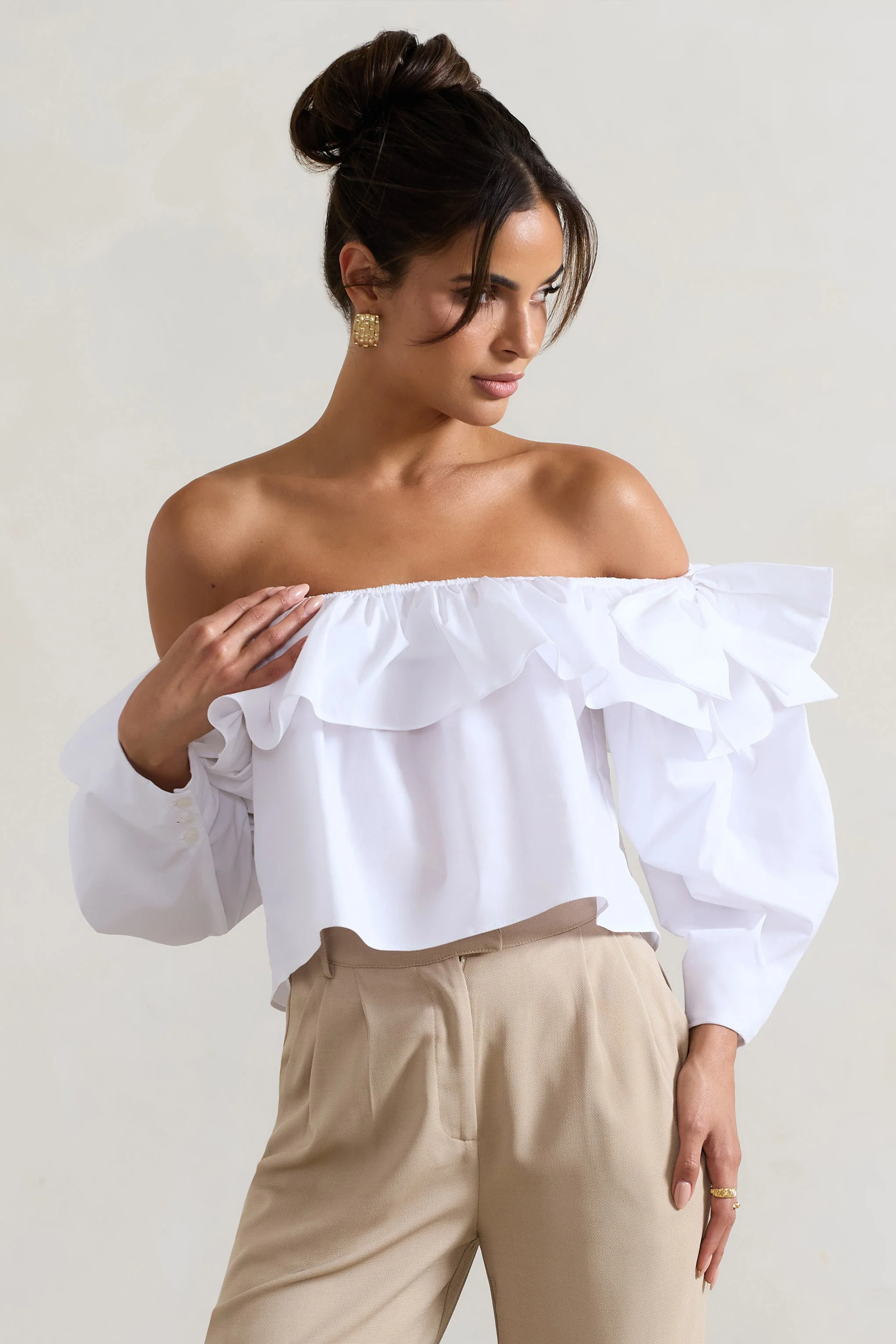 Cove | White Bardot Puff-Sleeve Ruffle Top With Bows - Image 9