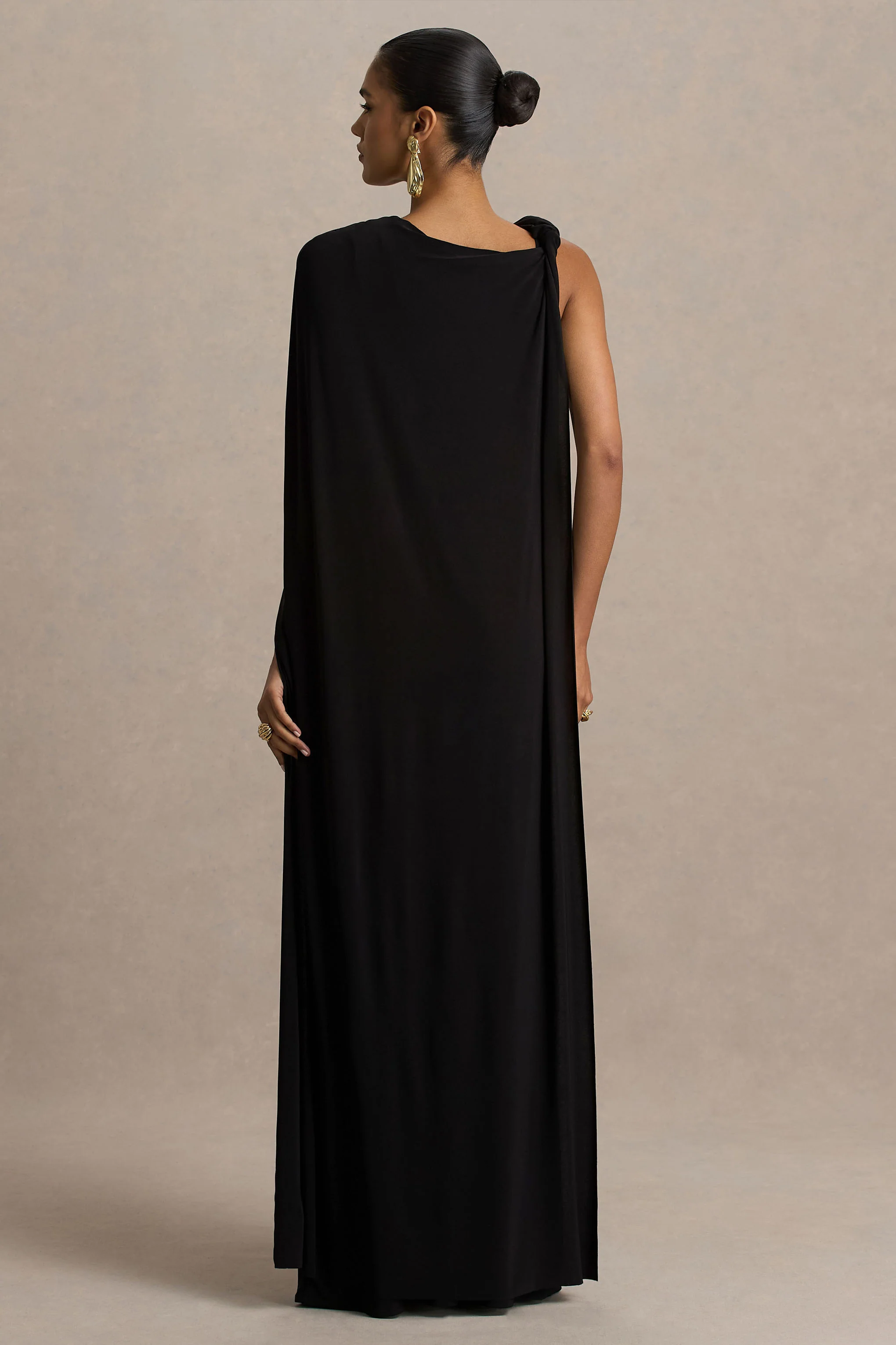 Cressida | Black Asymmetric-Neck Maxi Dress With Cape And Gold Detail - Image 2
