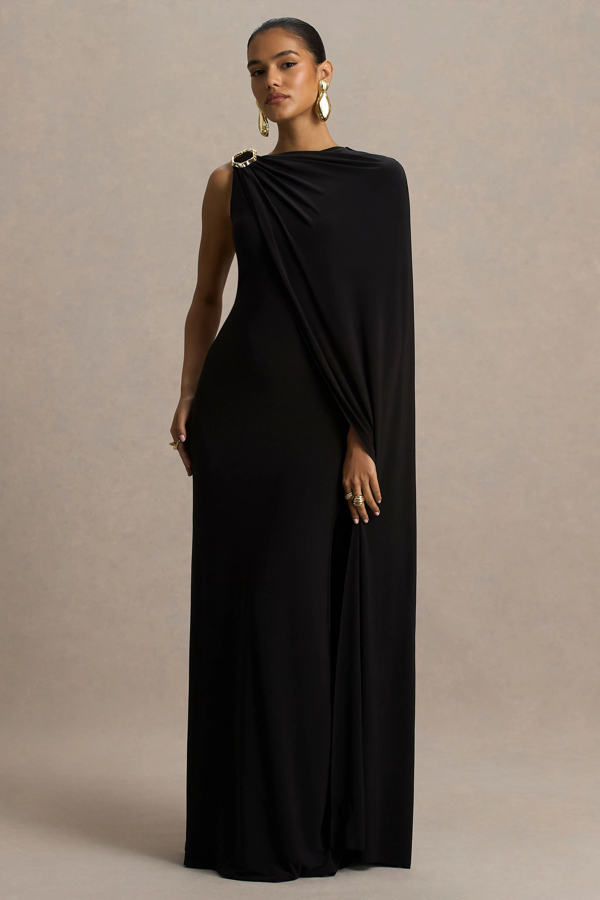 Cressida | Black Asymmetric-Neck Maxi Dress With Cape And Gold Detail - Image 4