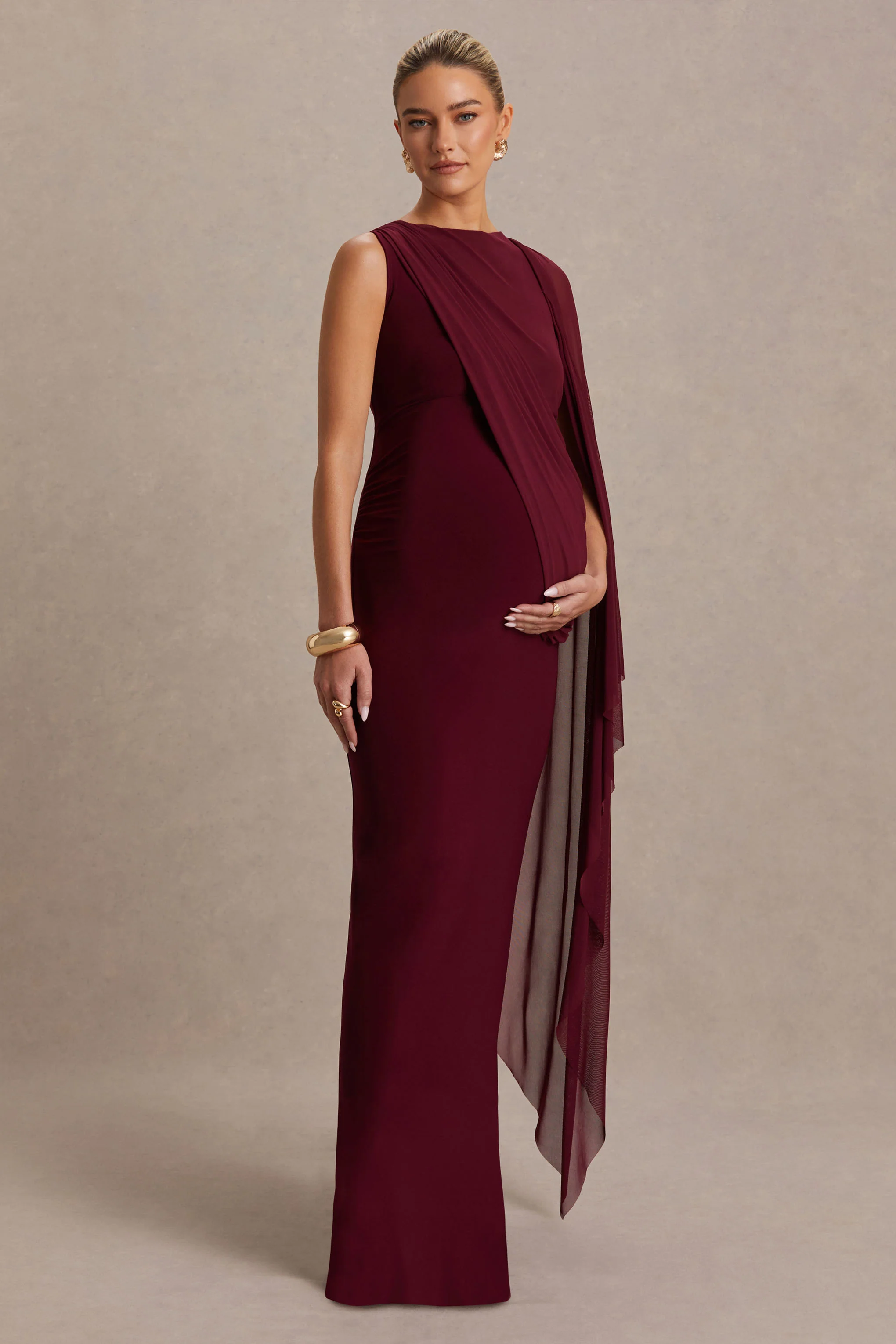 Cristina | Burgundy Slashed-Neck Maternity Maxi Dress With Cape-Sleeve - Image 4