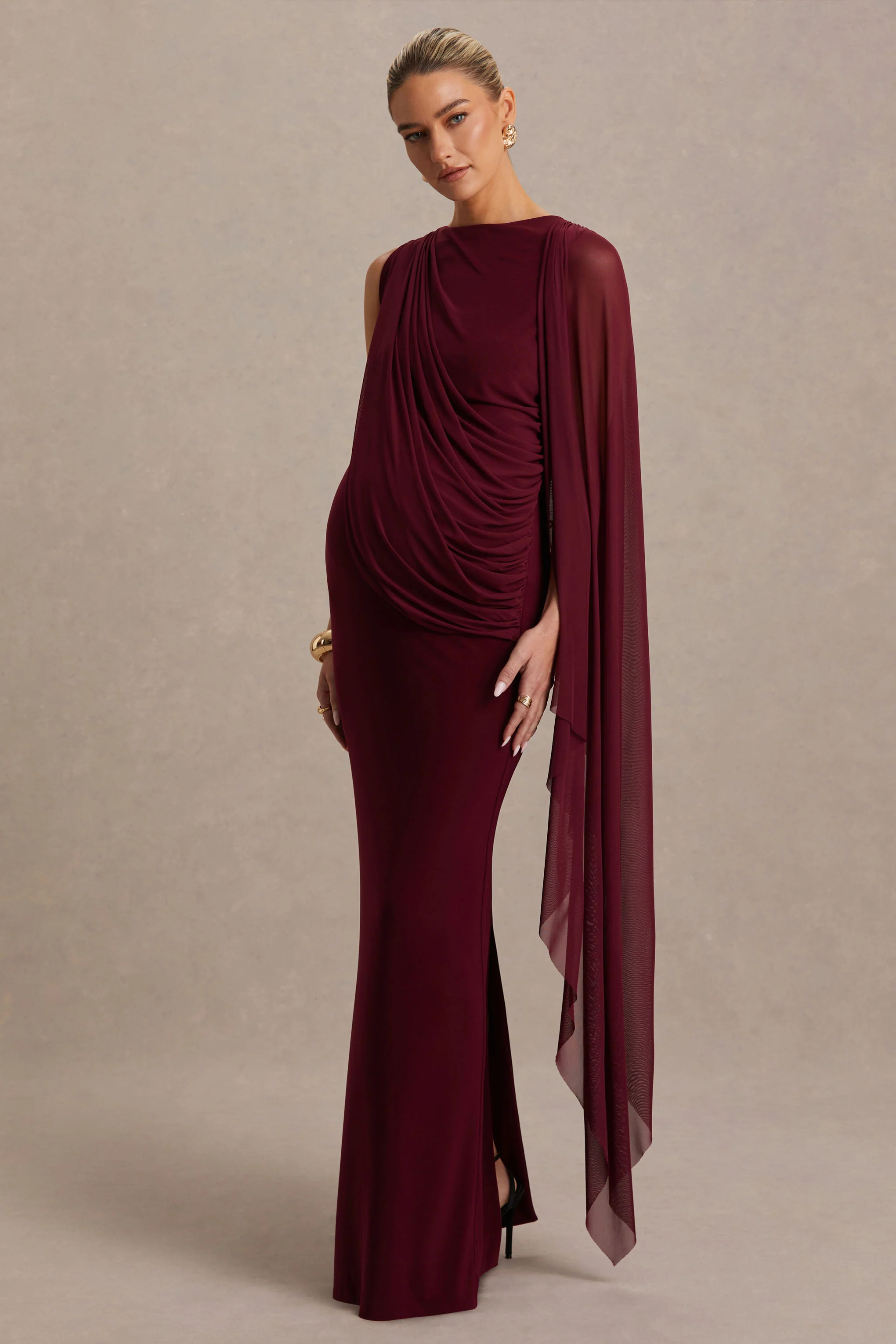 Cristina | Burgundy Slashed-Neck Maternity Maxi Dress With Cape-Sleeve - Image 5