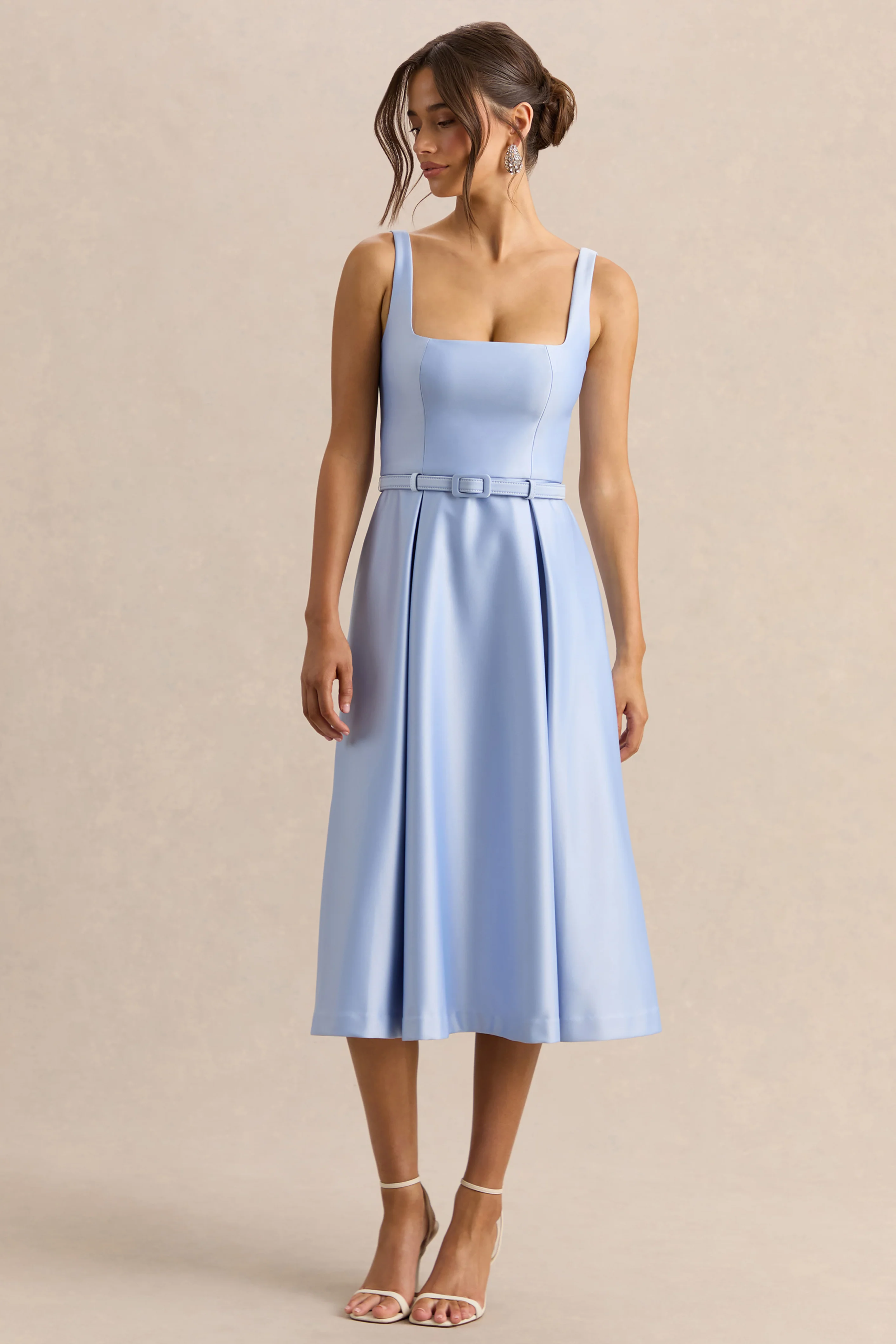 Crystaline | Powder Blue Satin Square-Neck Midi Dress - Image 4