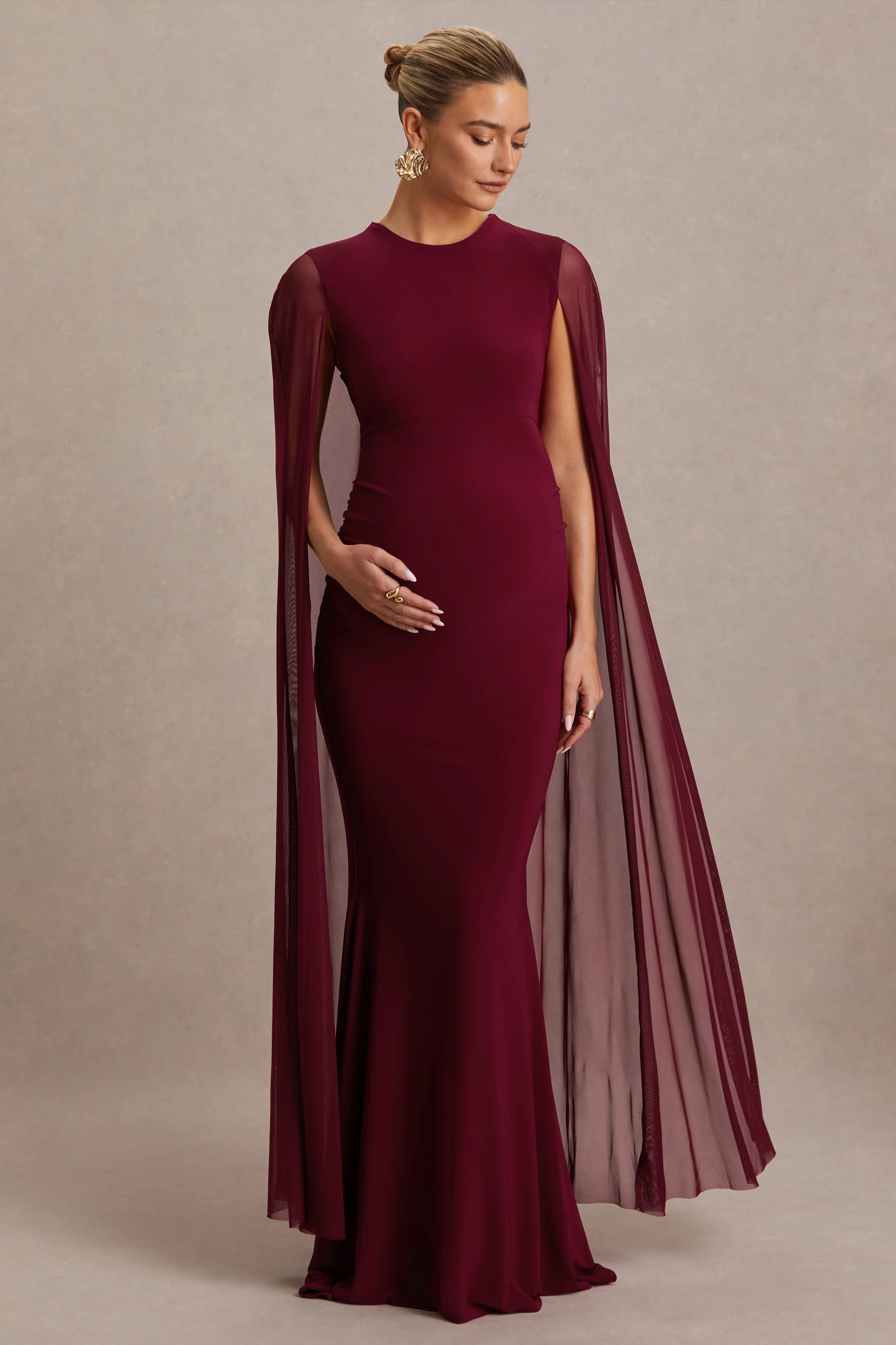 Currant | Berry High-Neck Maternity Maxi Dress With Cape - Image 4