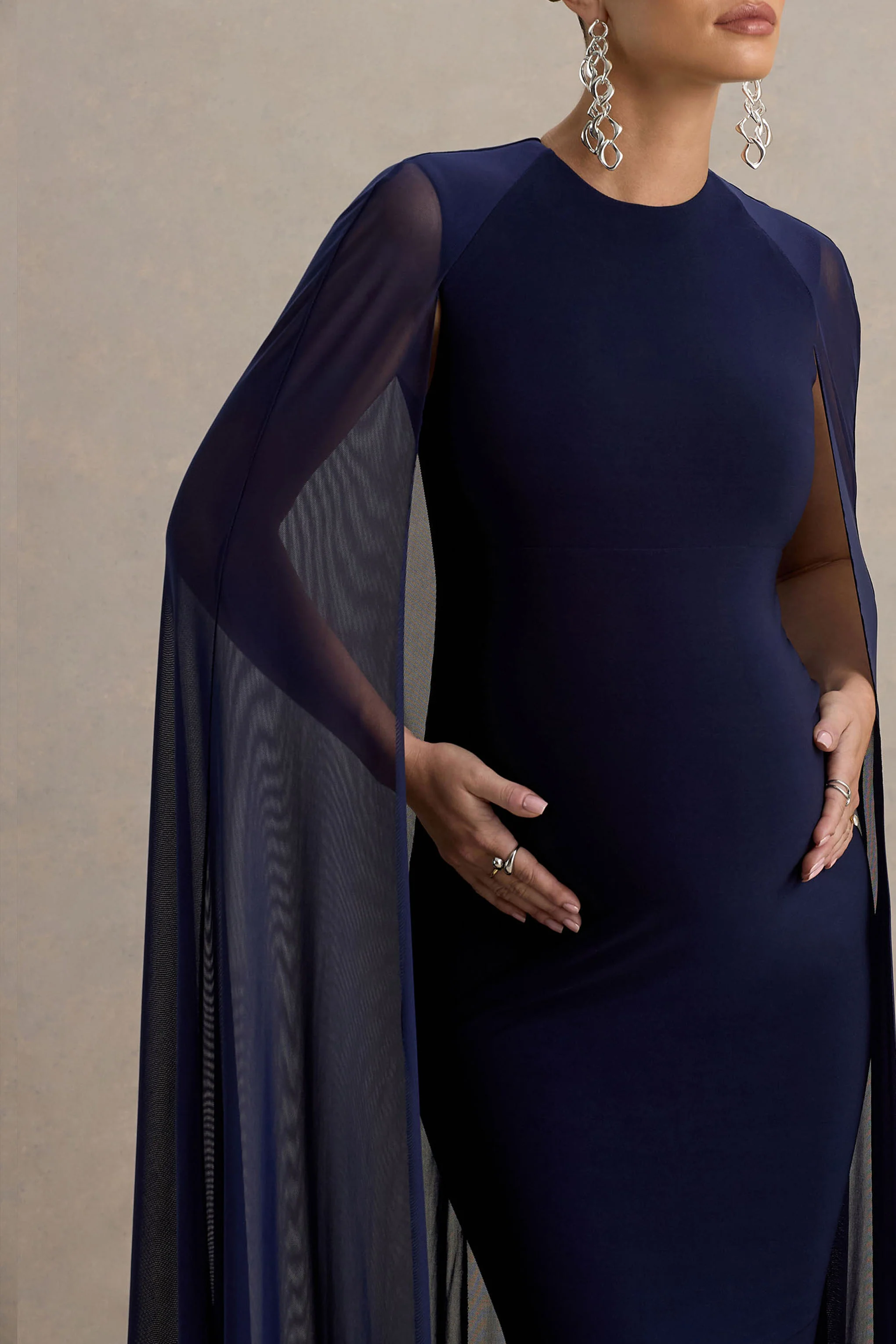 Currant | Navy Crew-Neck Maternity Maxi Dress With Cape - Image 3