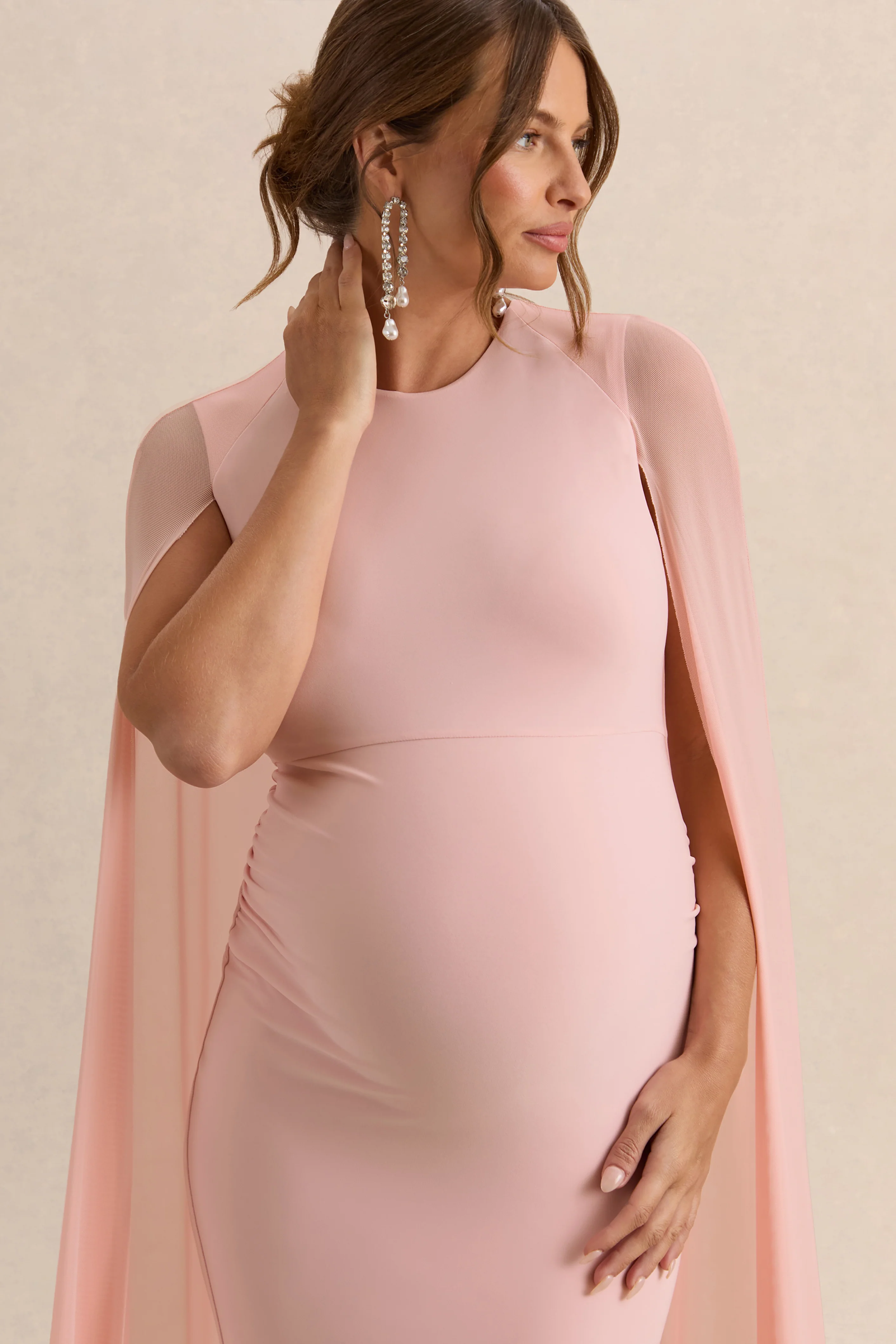 Currant | Pink Crew-Neck Maternity Maxi Dress With Cape - Image 3