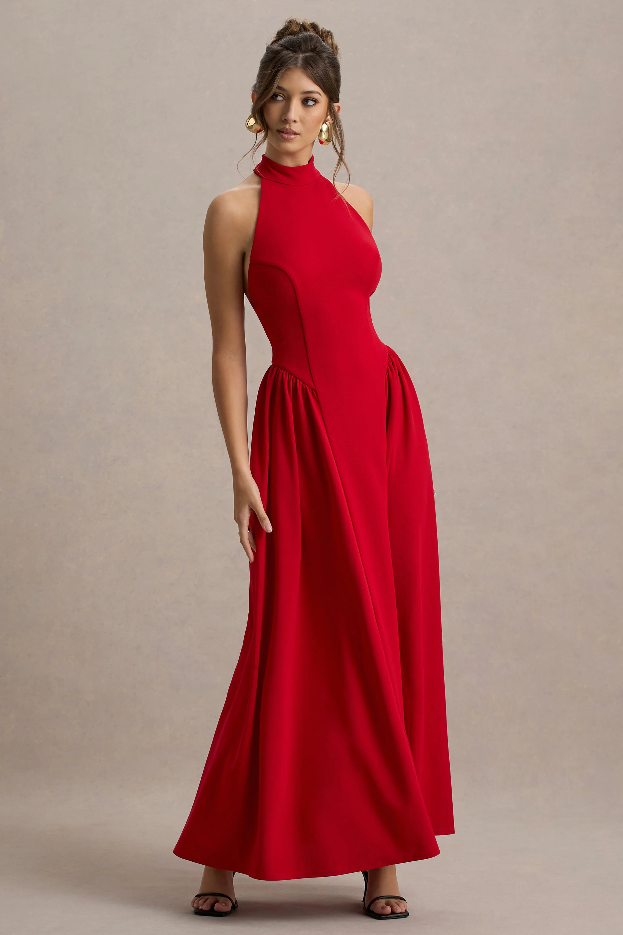 Cynthia | Red High-Neck Maxi Dress With Volume Skirt - Image 5