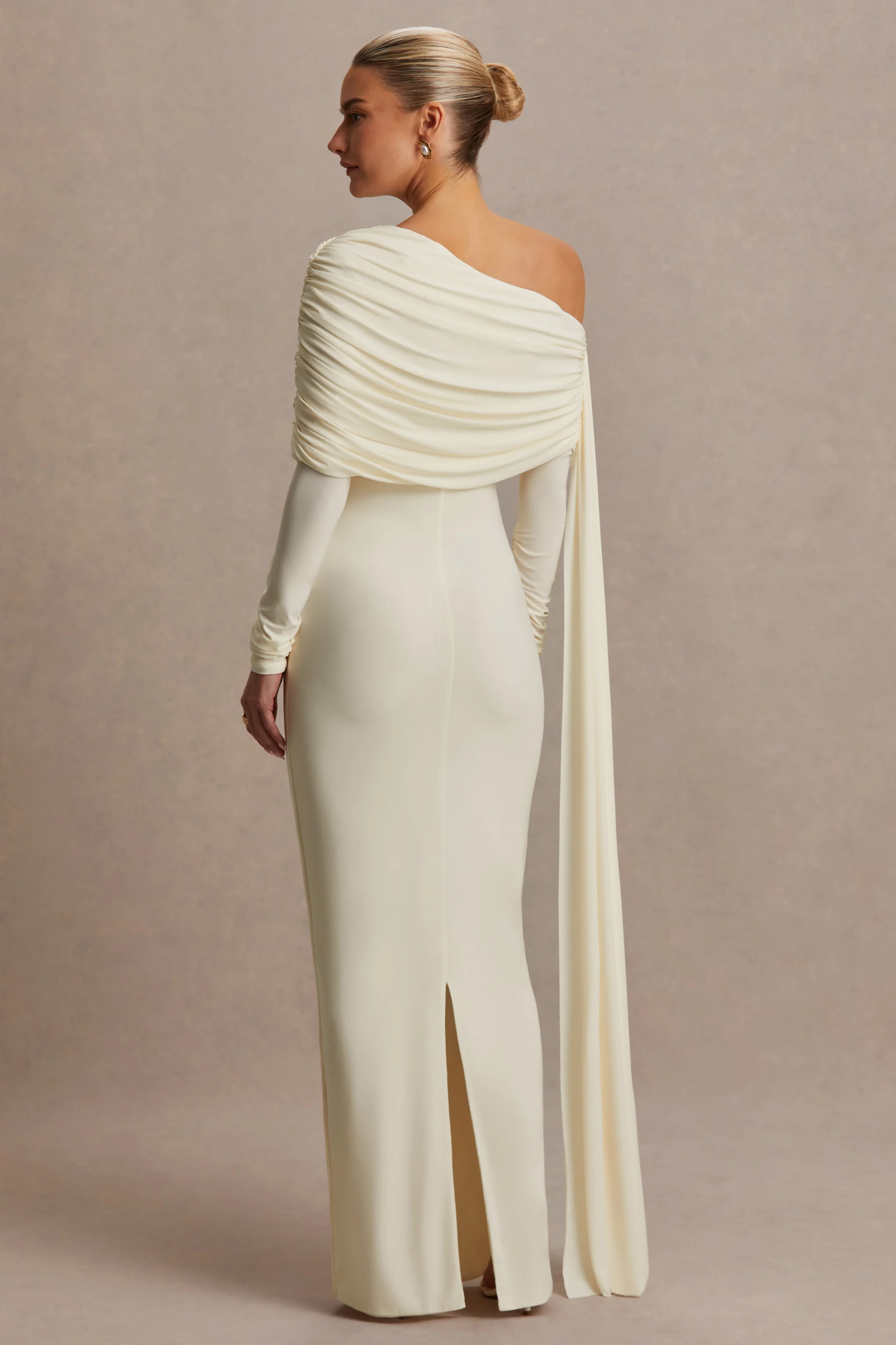 Cyra | Cream Asymmetric-Neck Maternity Maxi Dress With Sash - Image 2