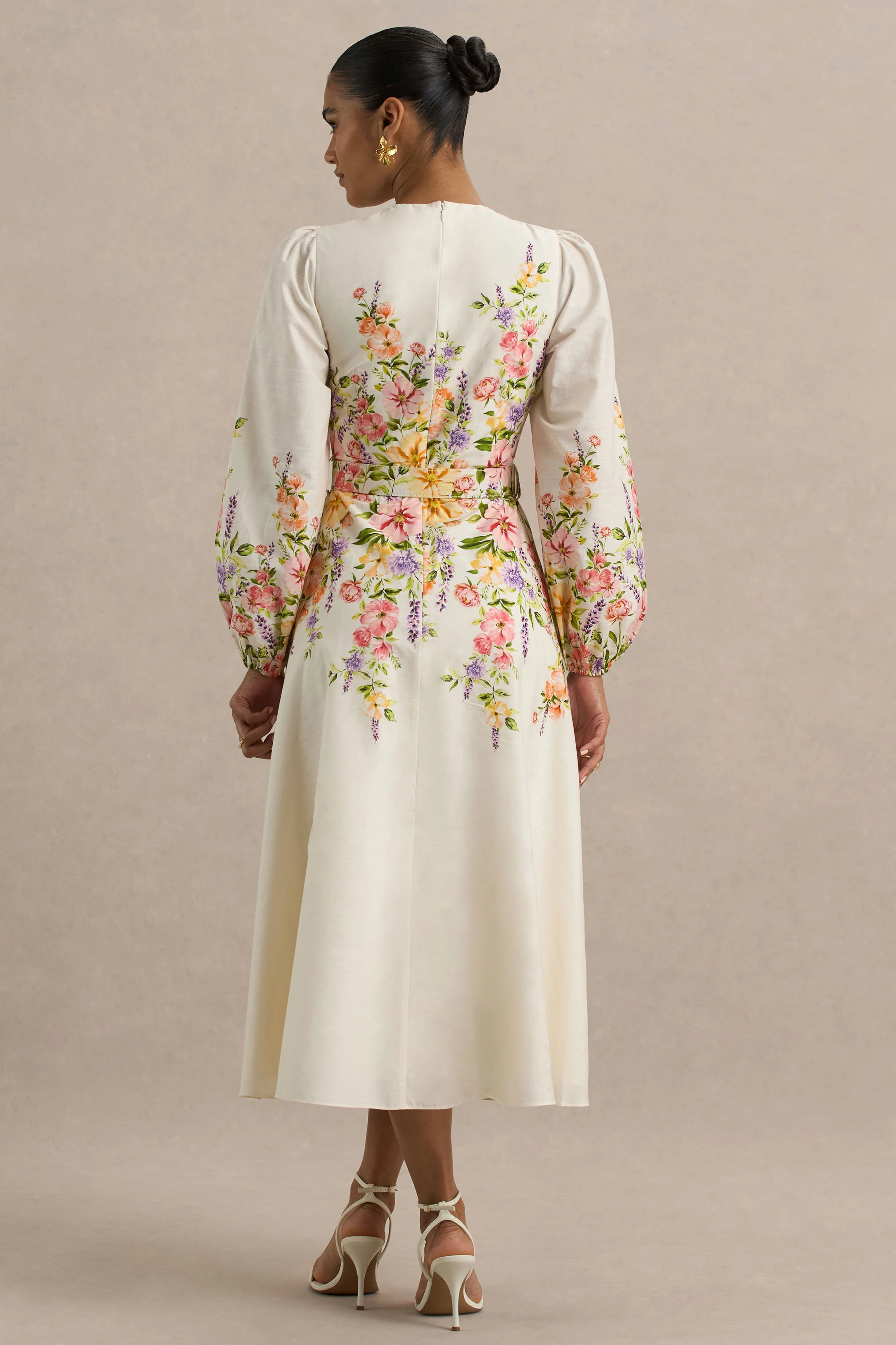 Dahlia | White Floral Border Print High-Neck Midi Dress - Image 2