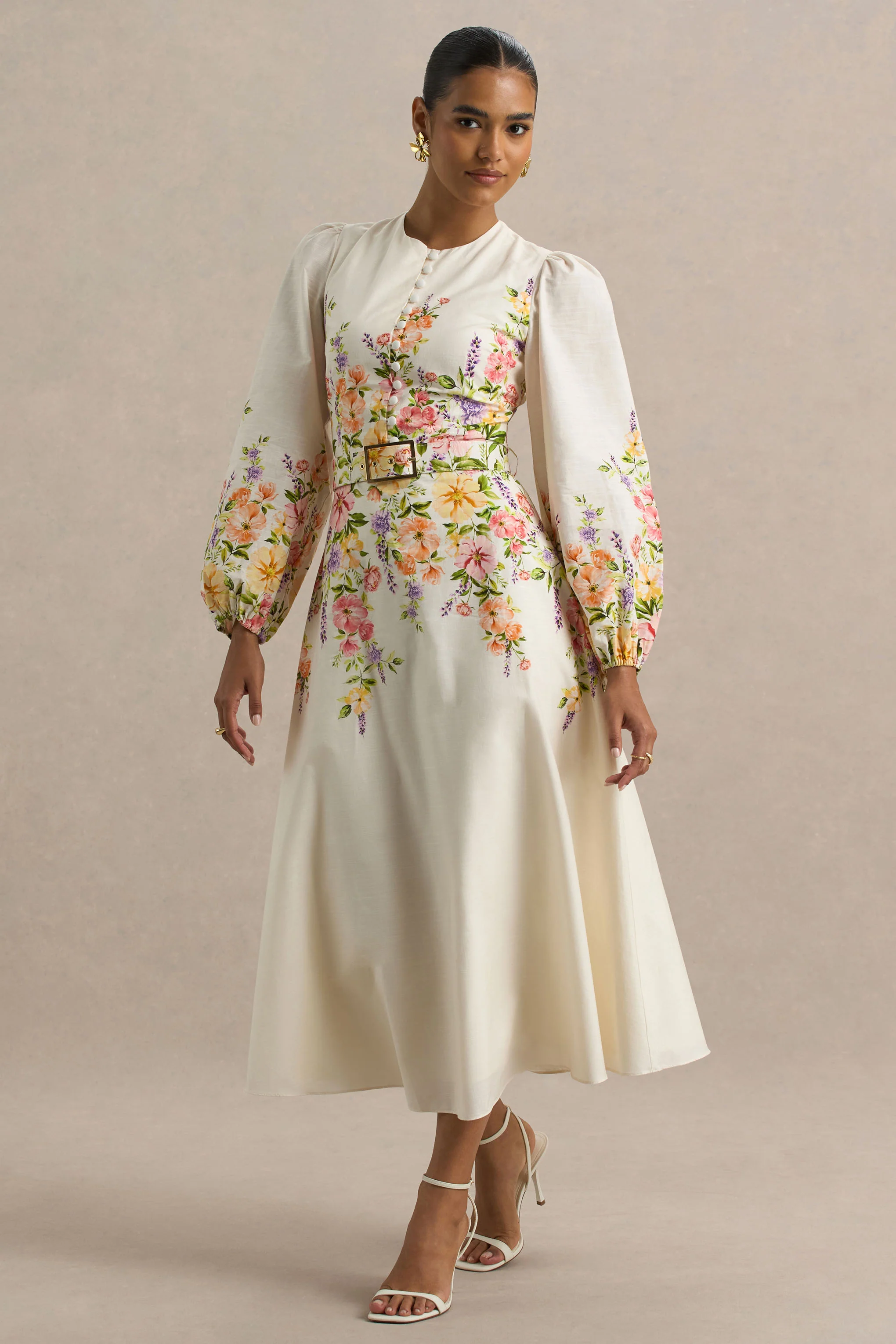 Dahlia | White Floral Border Print High-Neck Midi Dress - Image 3