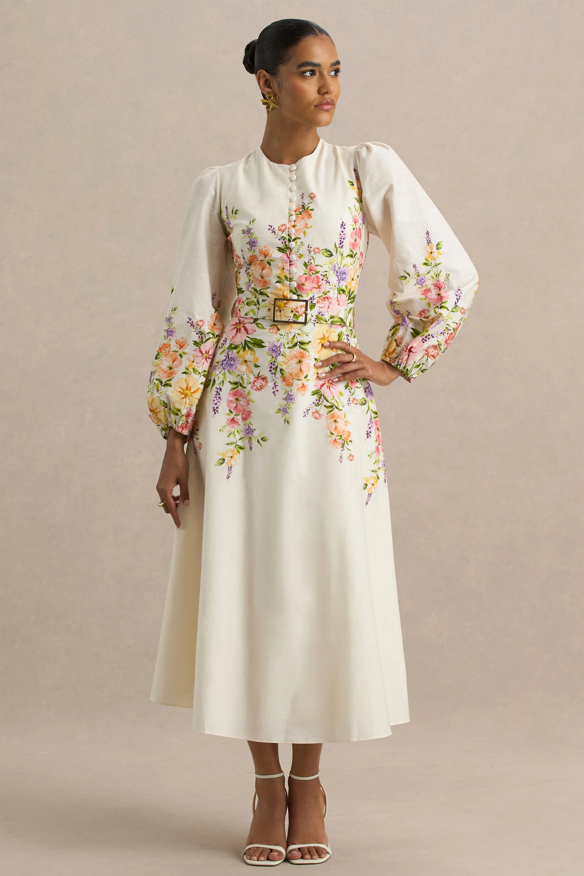 Dahlia | White Floral Border Print High-Neck Midi Dress - Image 4