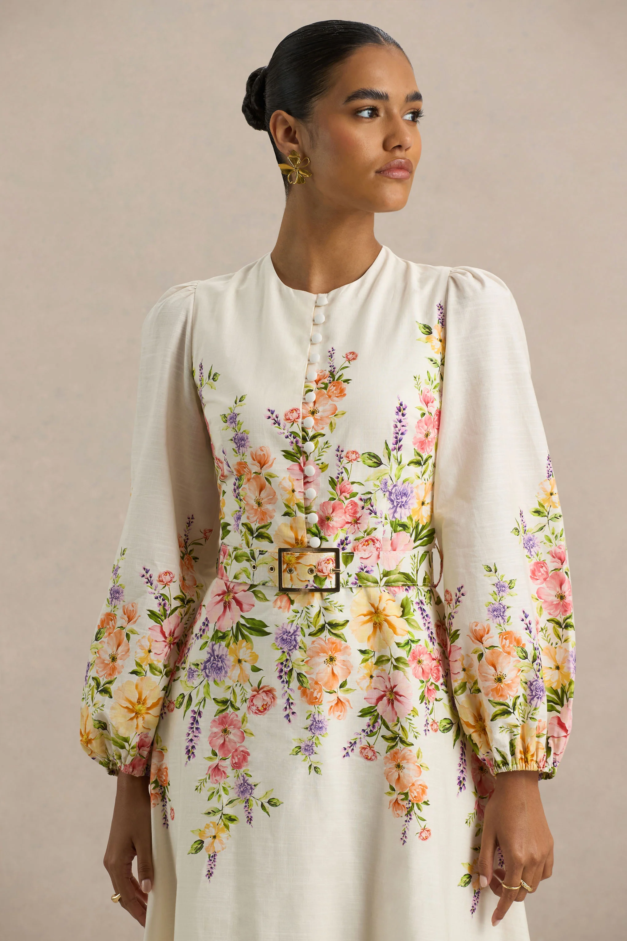Dahlia | White Floral Border Print High-Neck Midi Dress - Image 5