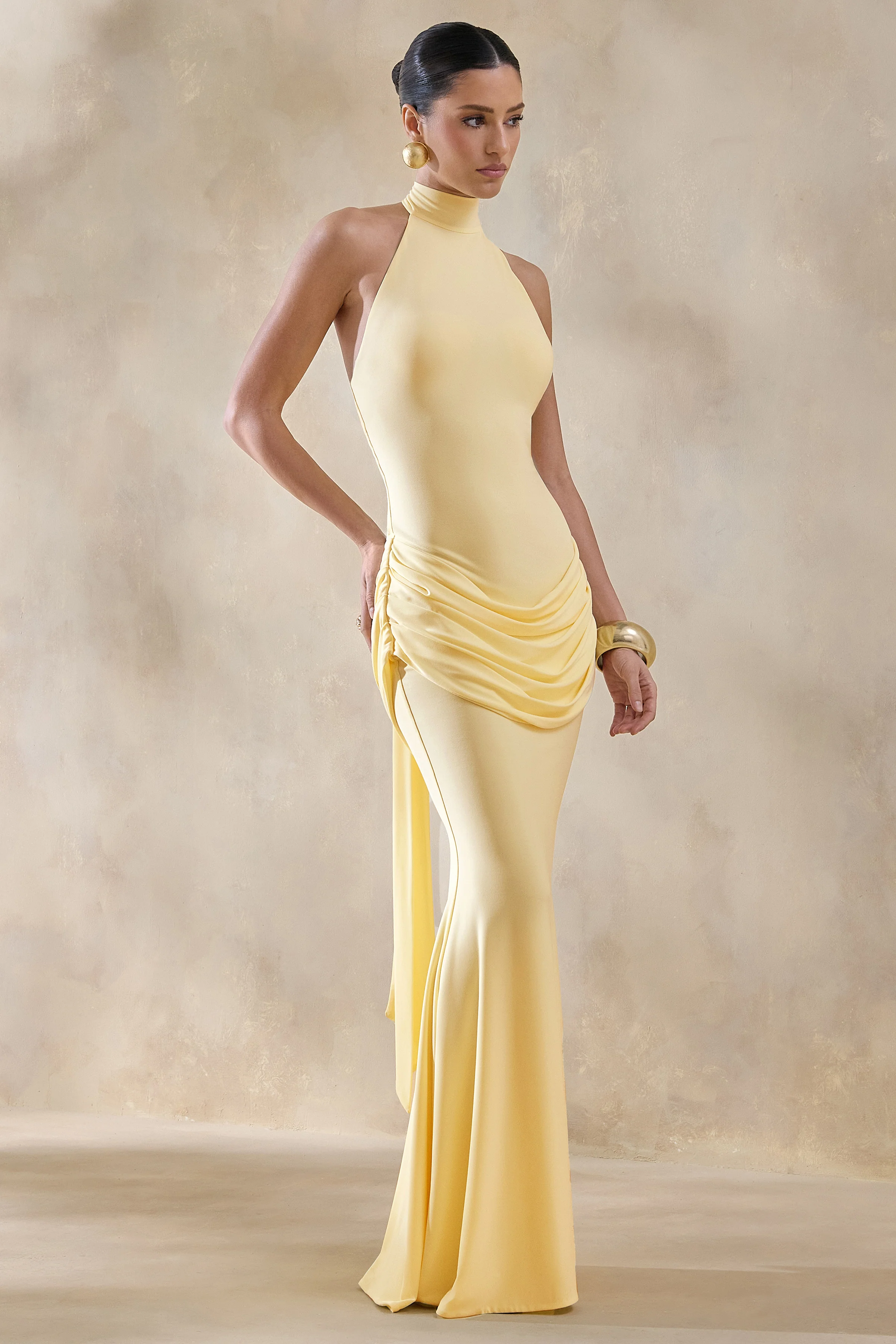 Daisy | Lemon Halter-Neck Maxi Dress With Draped-Detailing - Image 5