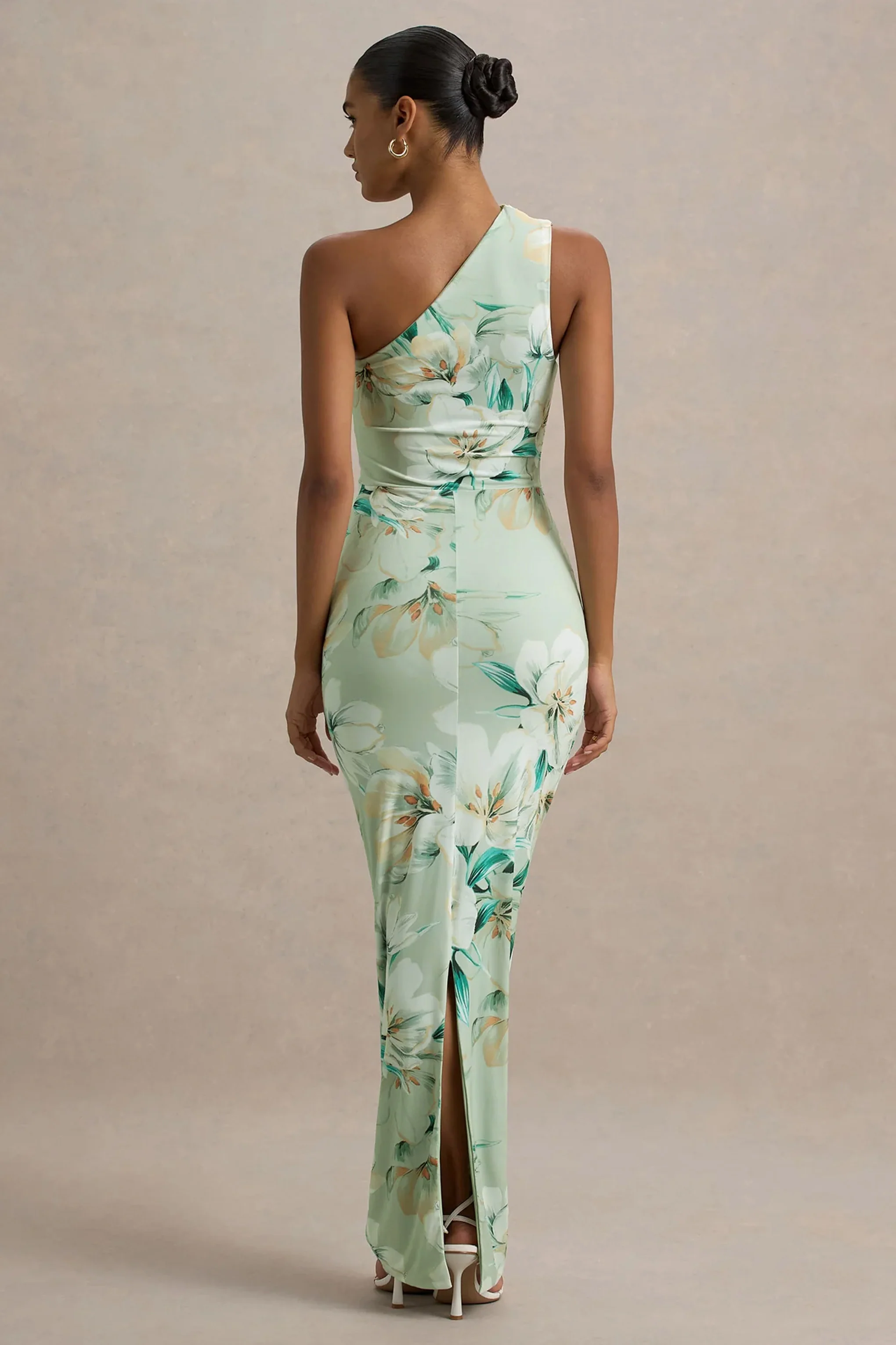 Dalarie | Green Floral Print One-Shoulder Gathered Maxi Dress - Image 2