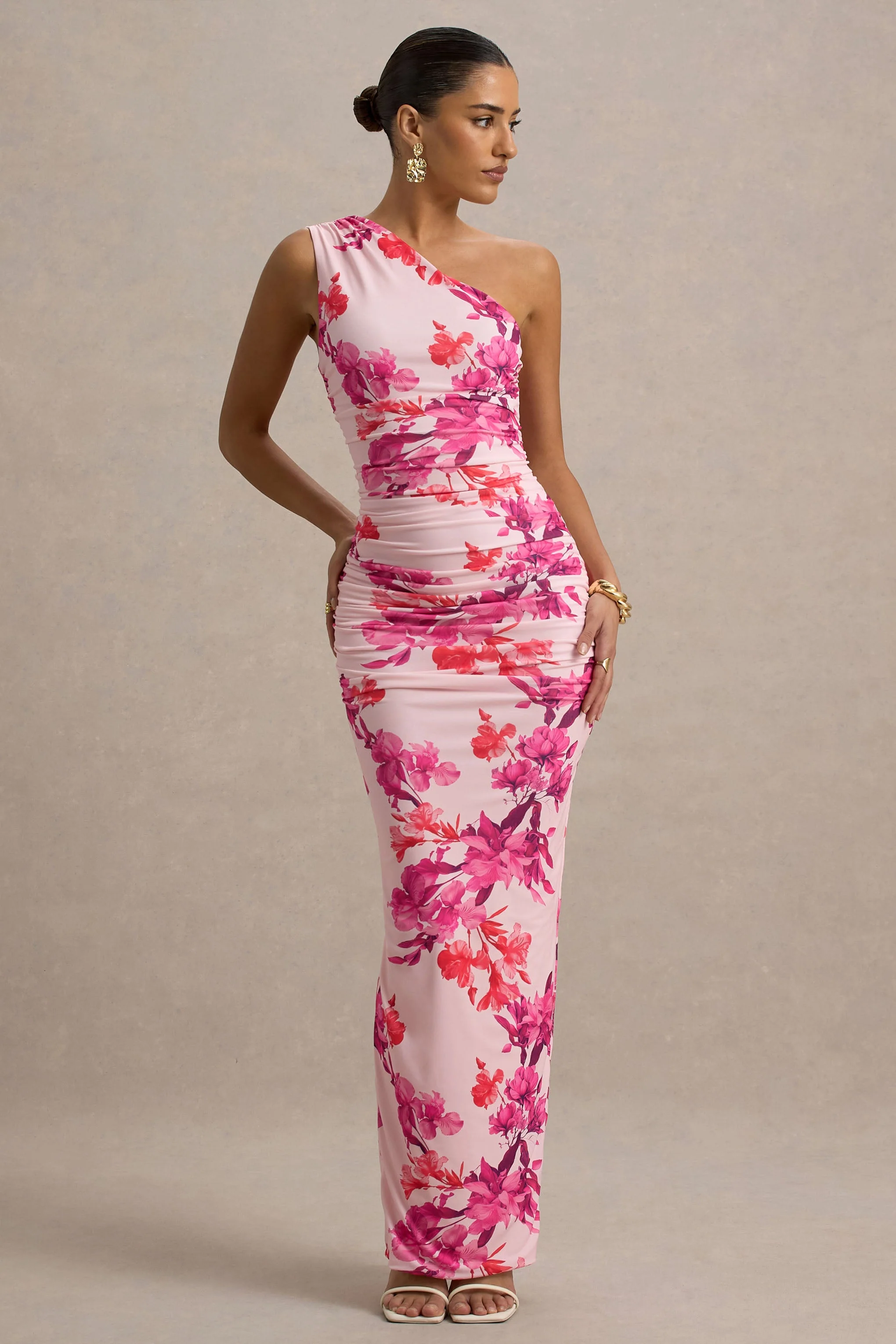 Dalarie | Pink and Orange Floral Print One-Shoulder Gathered Maxi Dress - Image 5