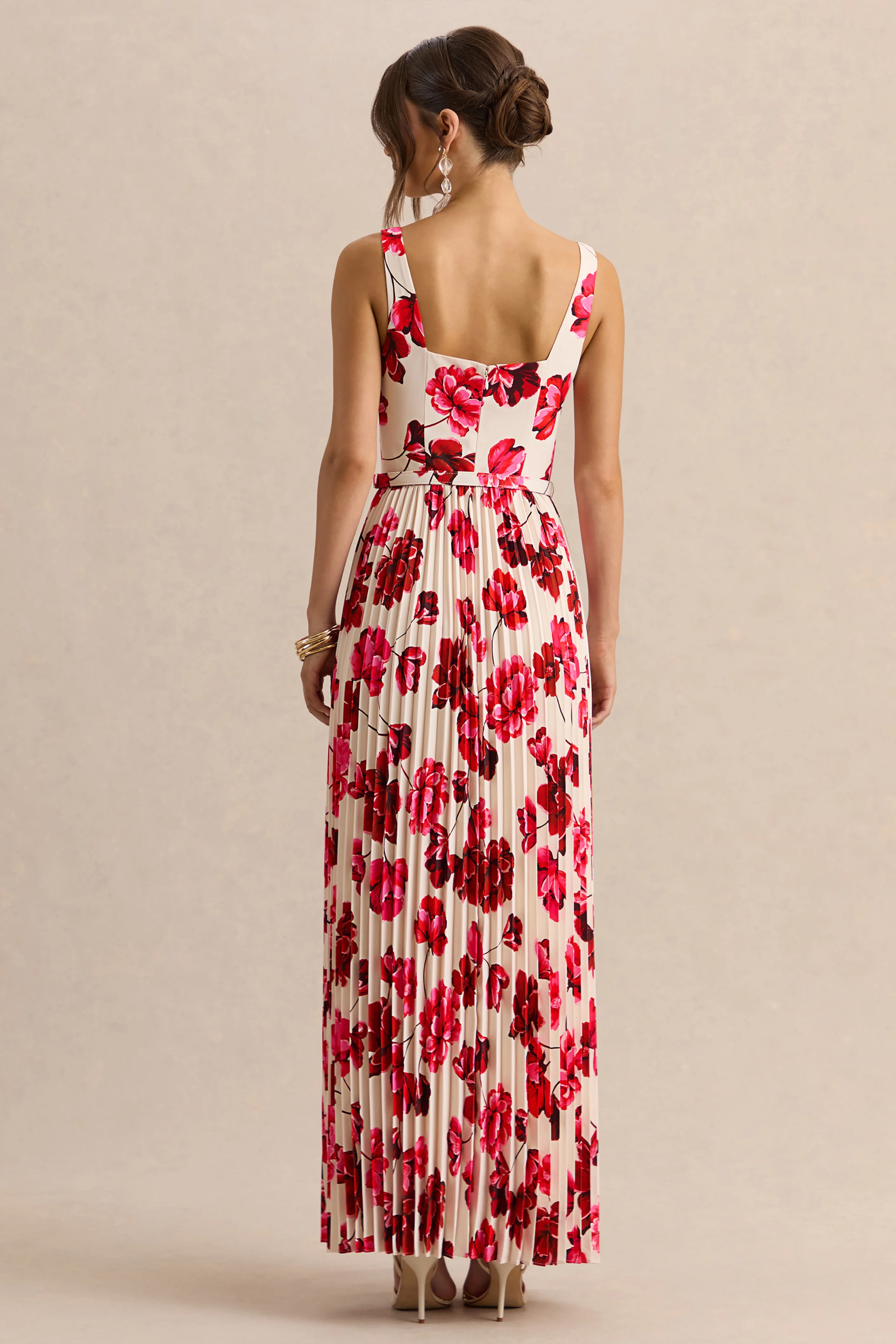 Danika | Hot Pink Floral Print Square-Neck Belted Maxi Dress With Pleated Skirt - Image 2