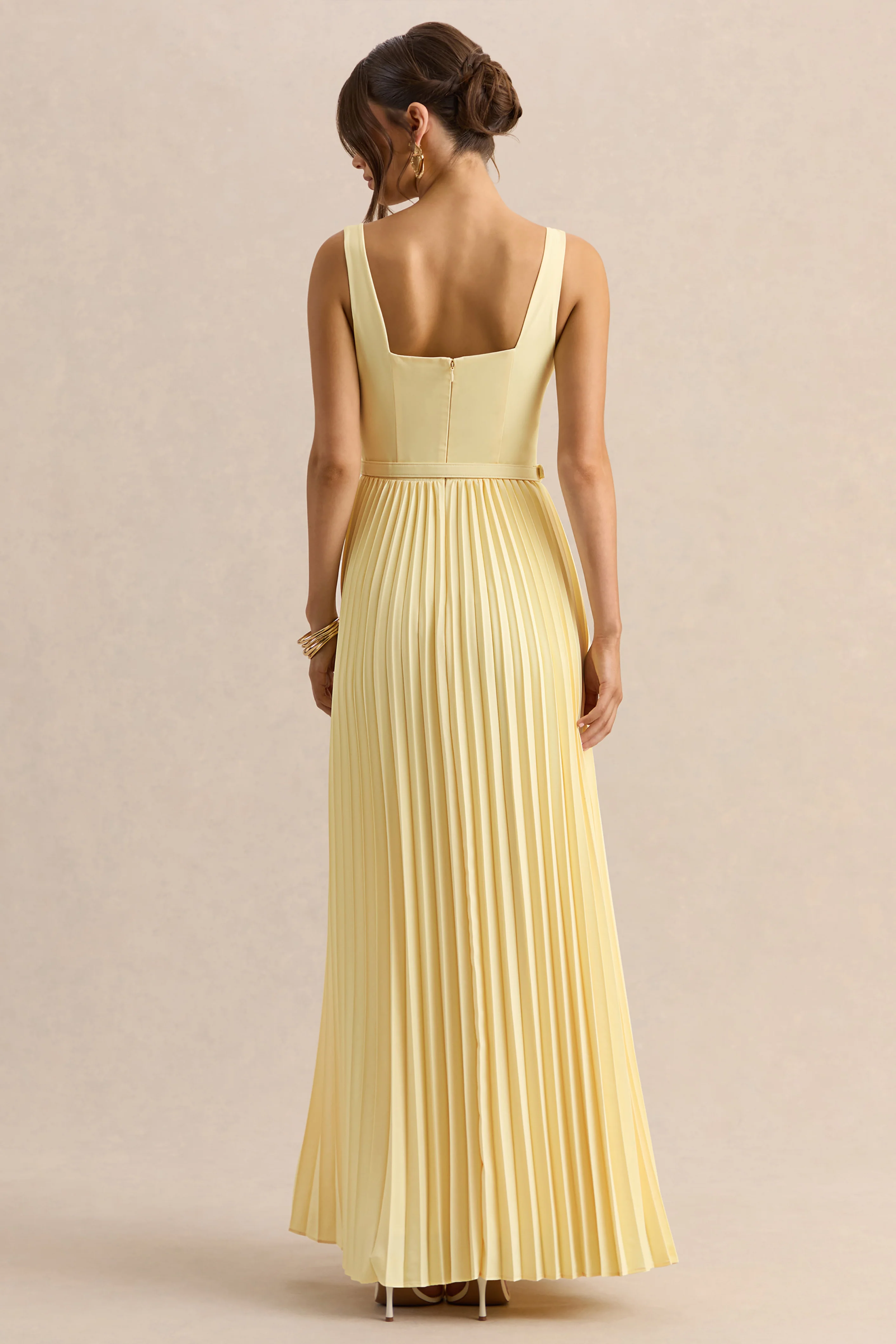 Danika | Lemon Square-Neck Belted Maxi Dress With Pleated Skirt - Image 2