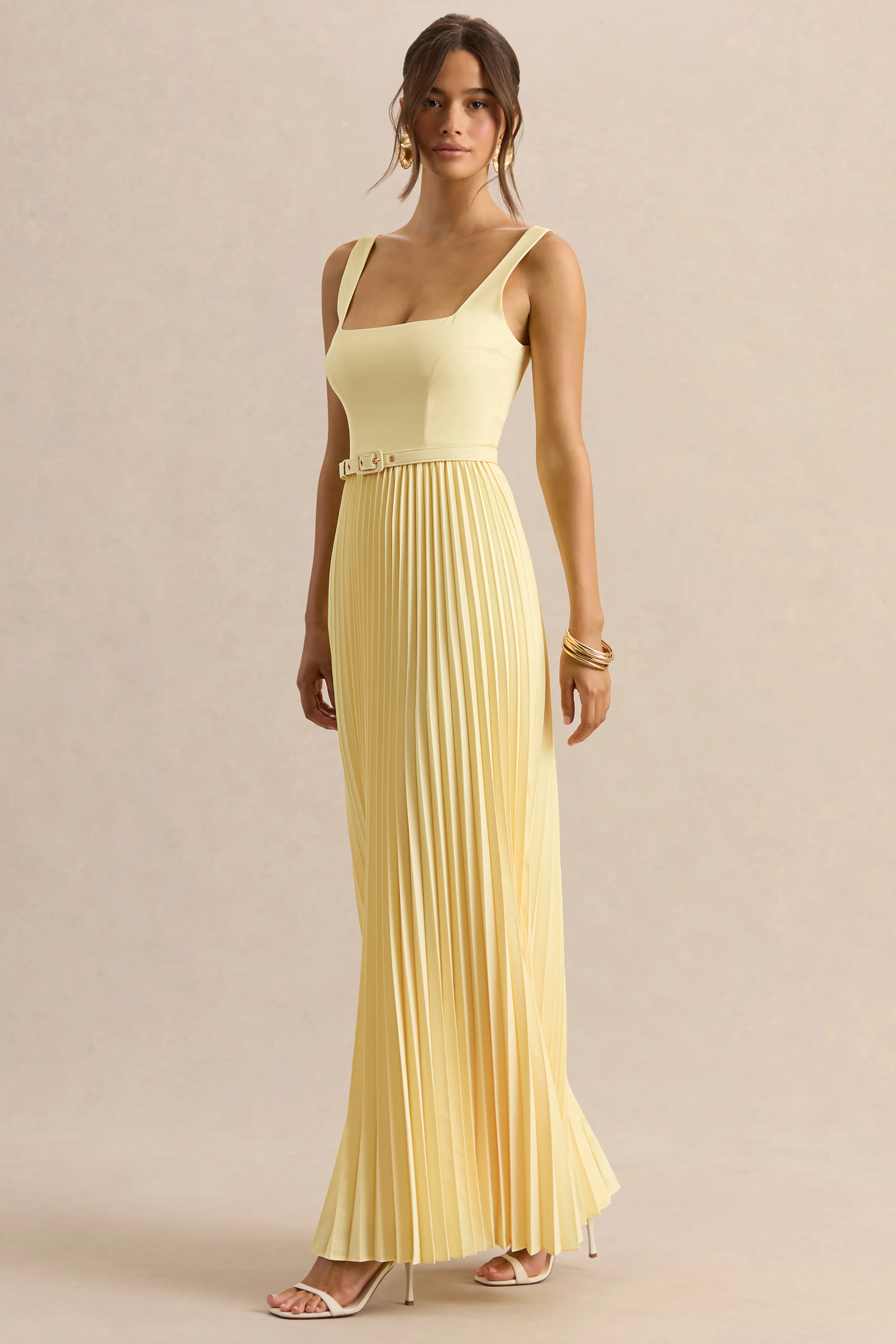Danika | Lemon Square-Neck Belted Maxi Dress With Pleated Skirt - Image 4