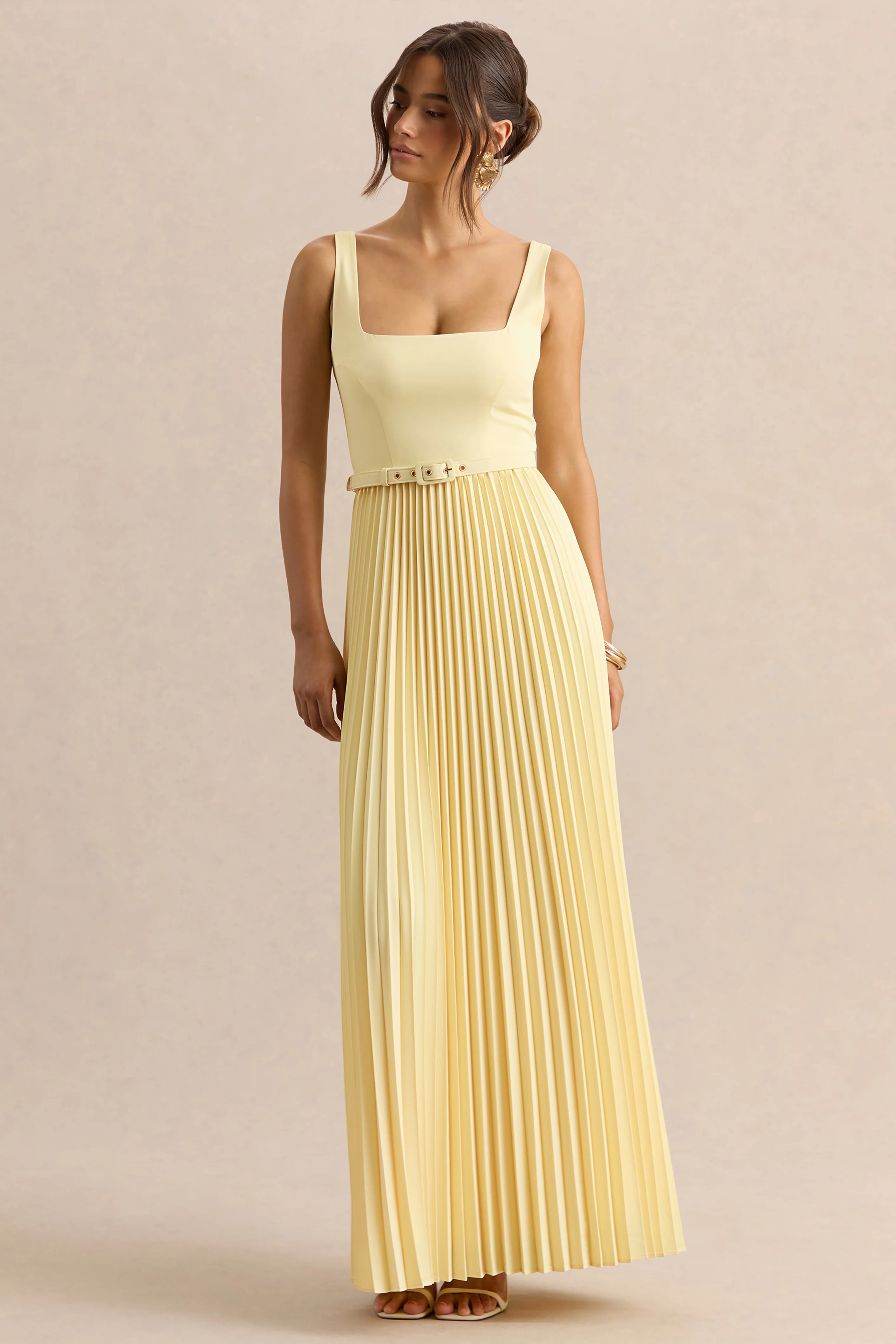 Danika | Lemon Square-Neck Belted Maxi Dress With Pleated Skirt - Image 5
