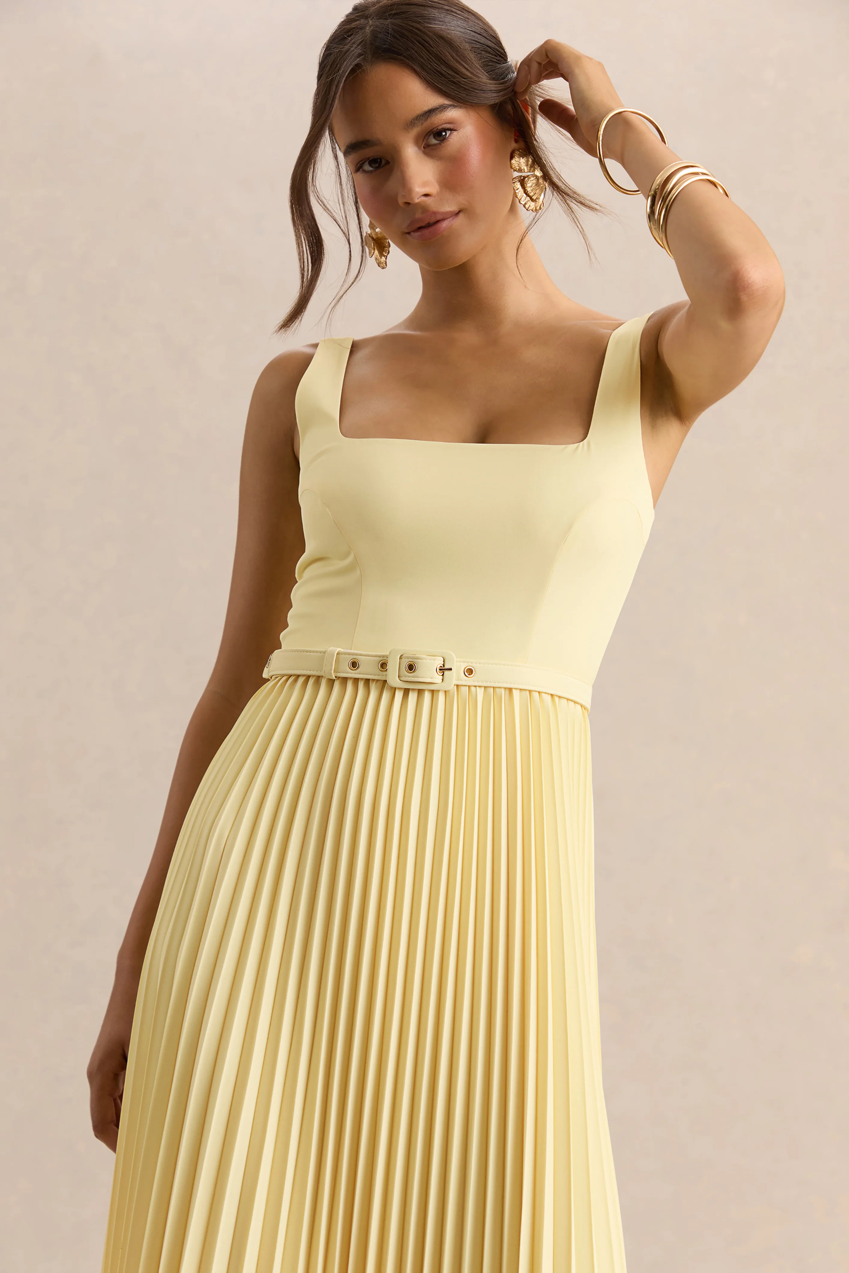 Danika | Lemon Square-Neck Belted Maxi Dress With Pleated Skirt - Image 6