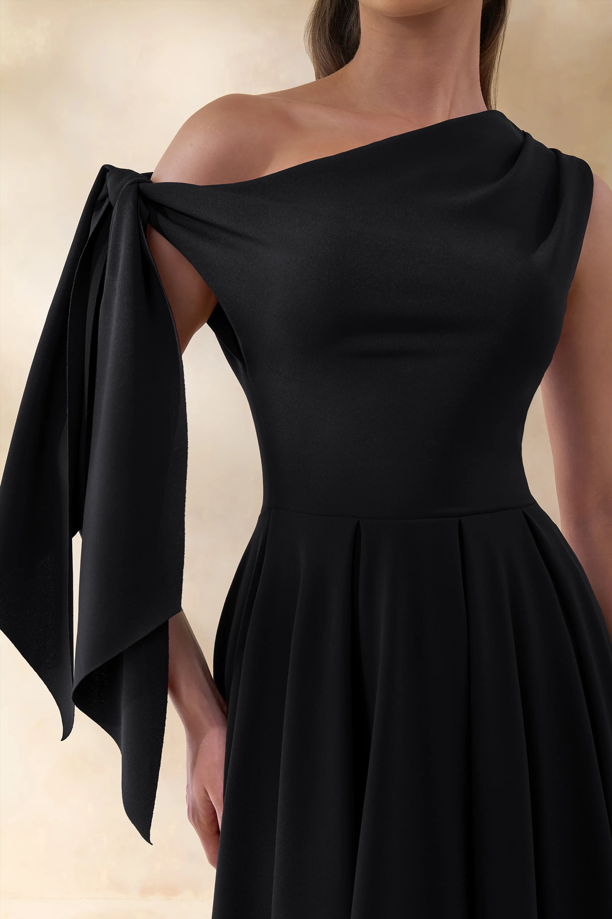 Daring | Black Asymmetric-Neck Midi Dress With Knot-Detail - Image 3