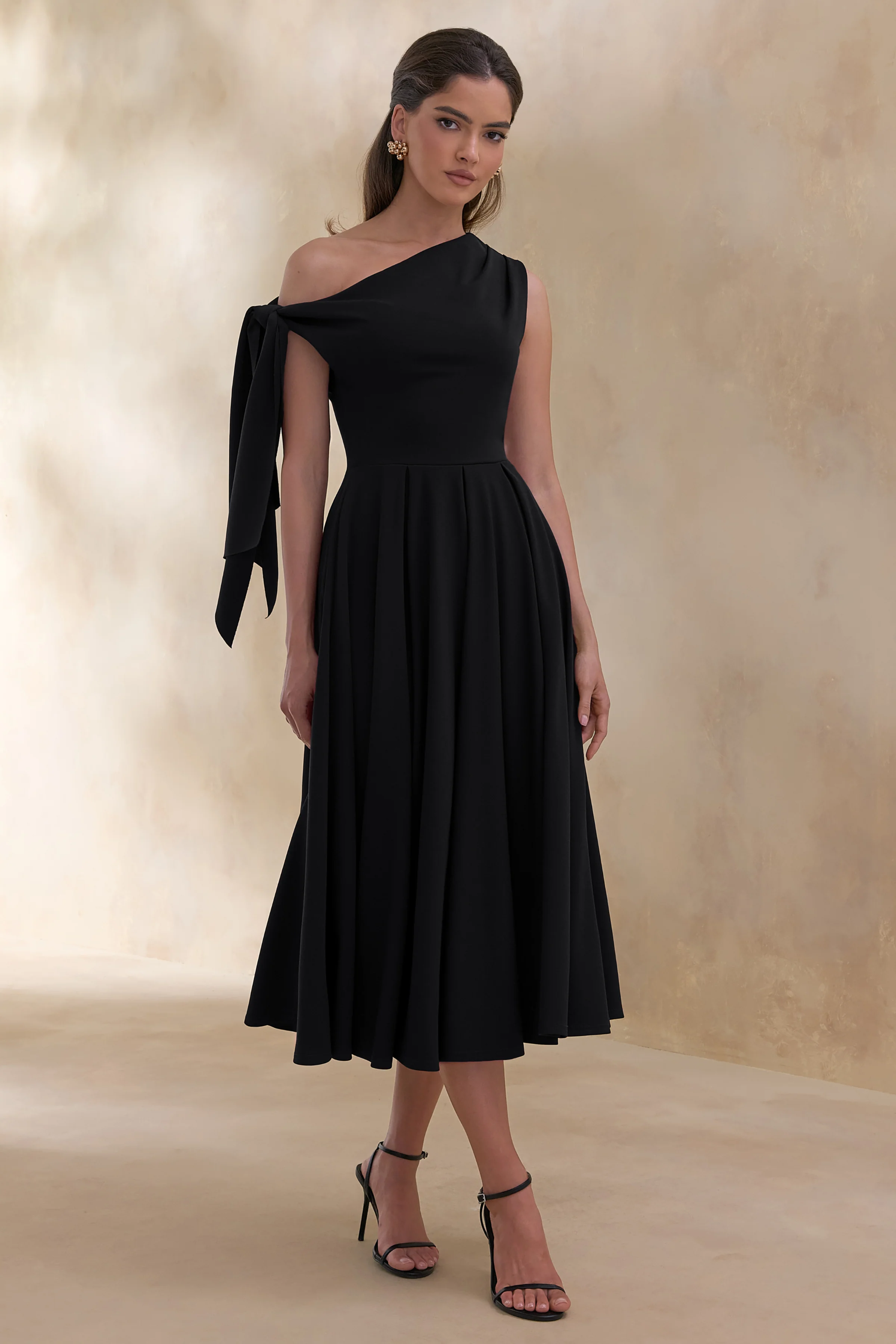 Daring | Black Asymmetric-Neck Midi Dress With Knot-Detail - Image 5