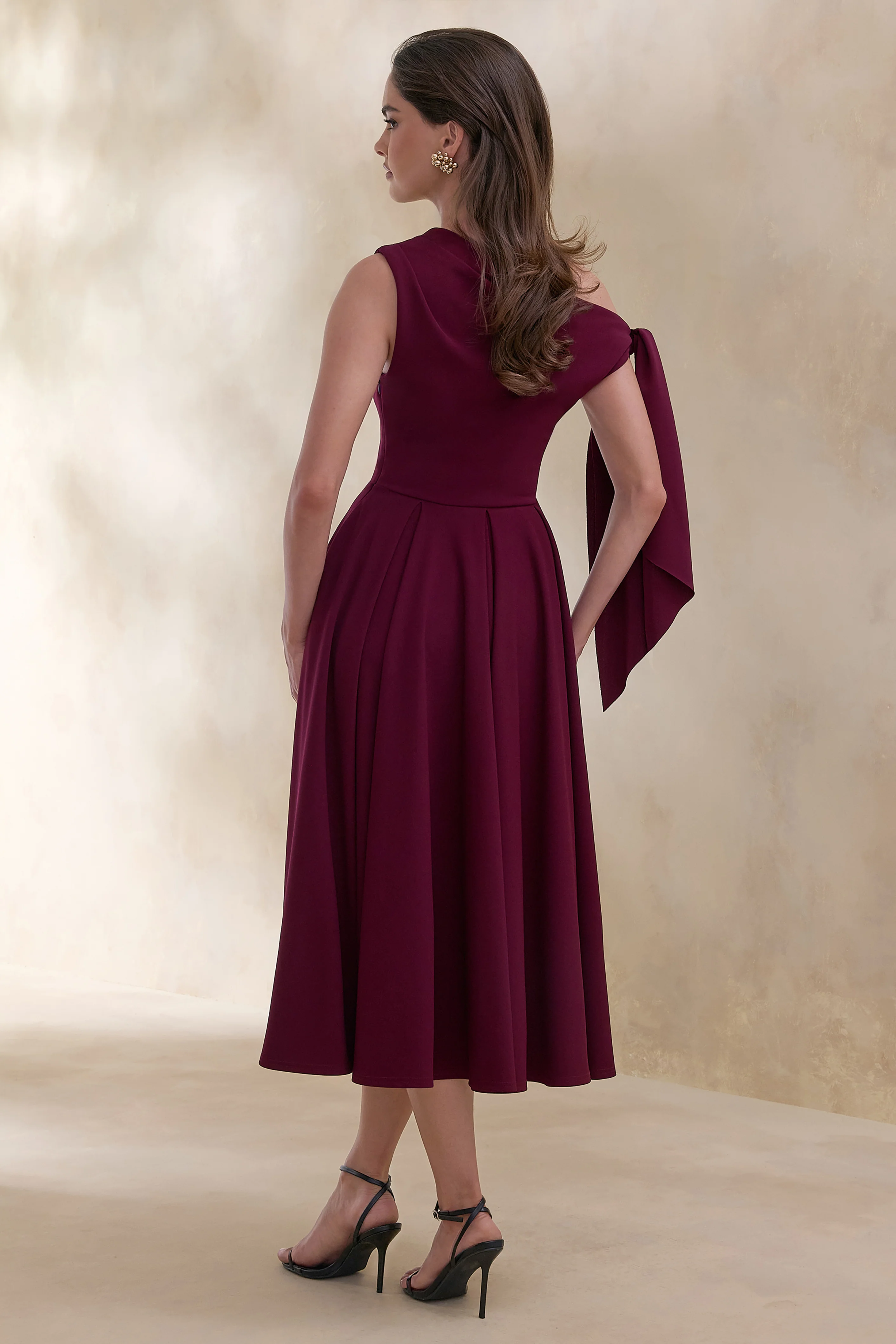 Daring | Burgundy Asymmetric-Neck Midi Dress With Knot-Detail - Image 2