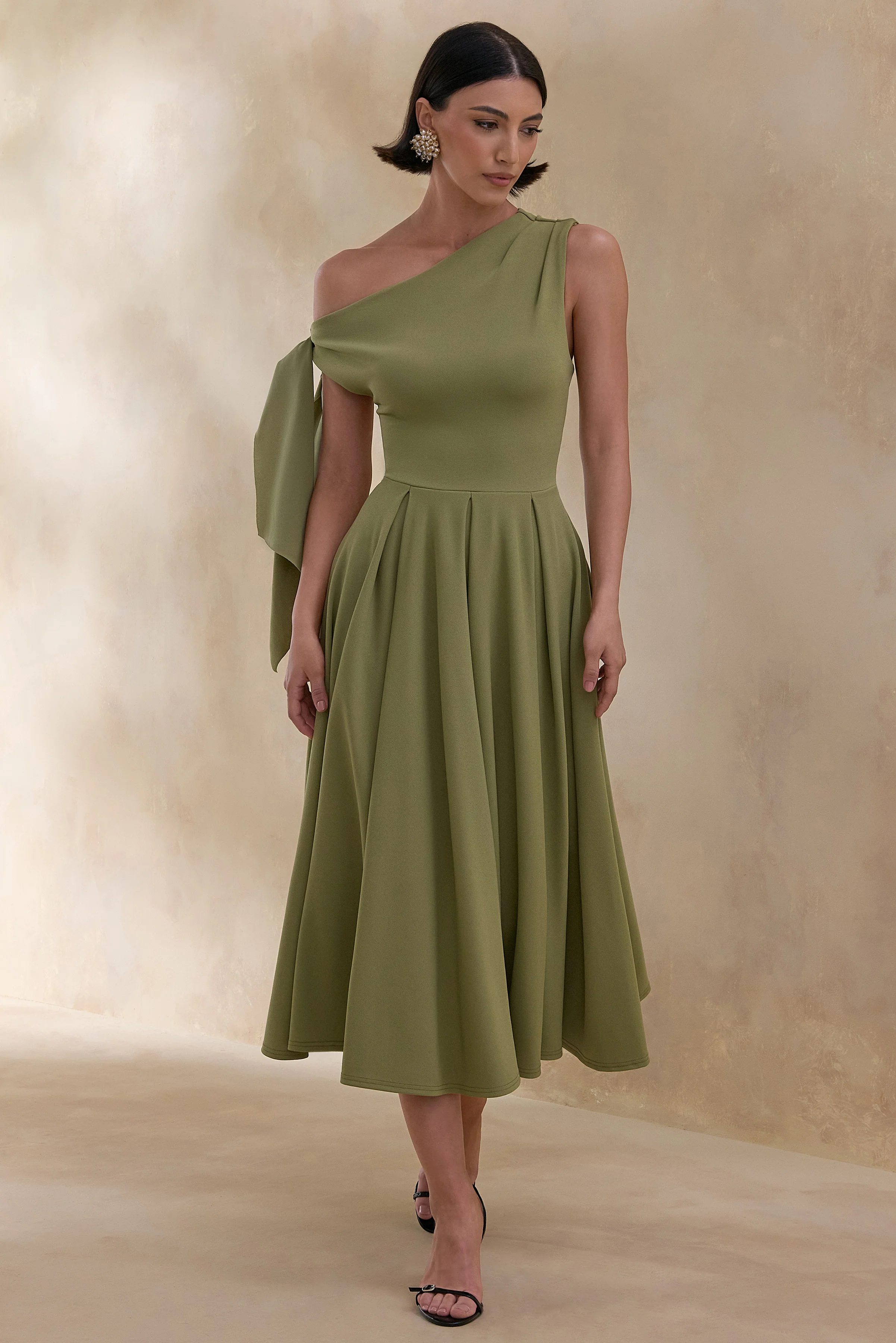 Daring | Olive Asymmetric-Neck Midi Dress With Knot-Detail - Image 5