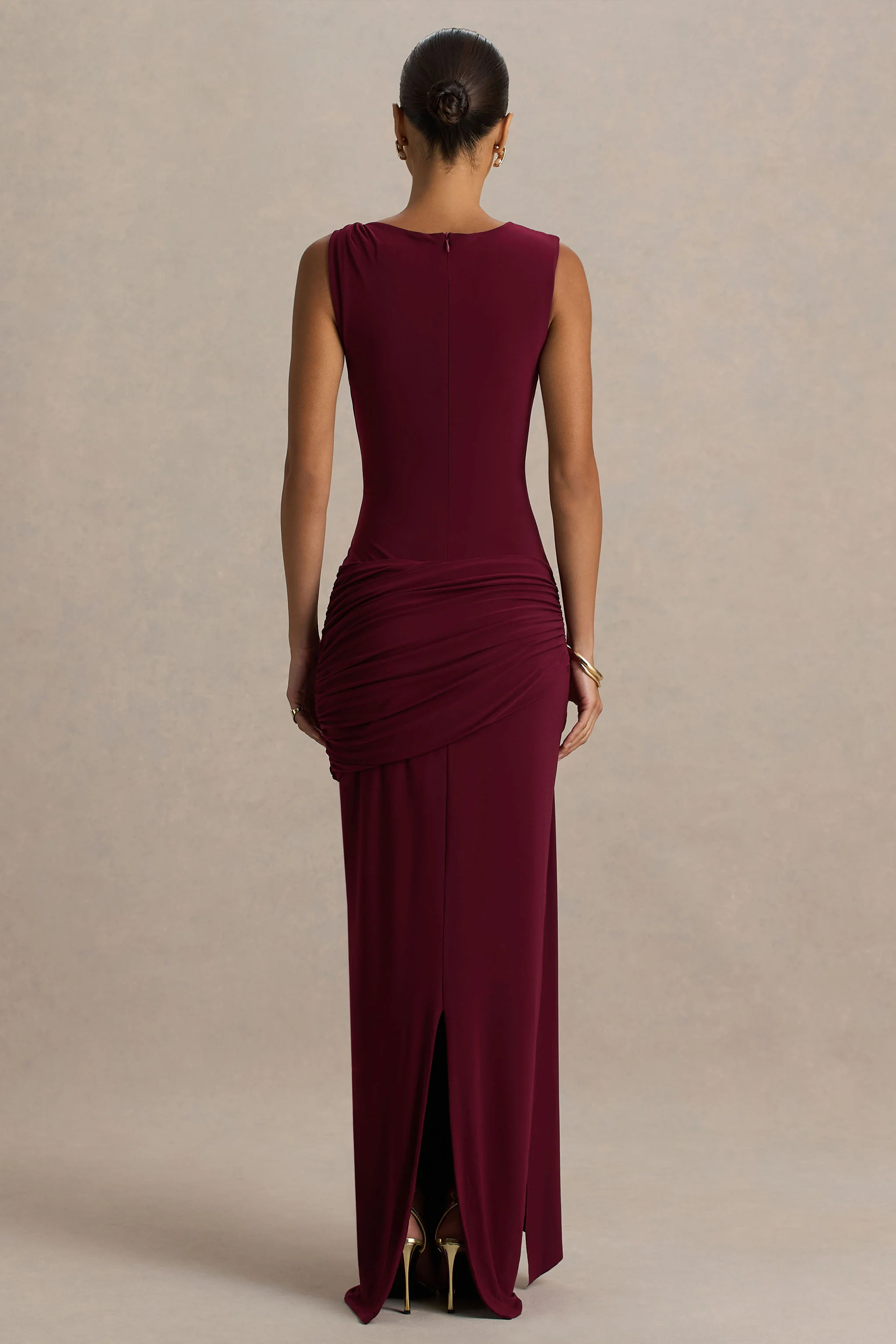 Decadence | Burgundy High-Neck Wrapped Maxi Dress With Twist-Sleeve - Image 2
