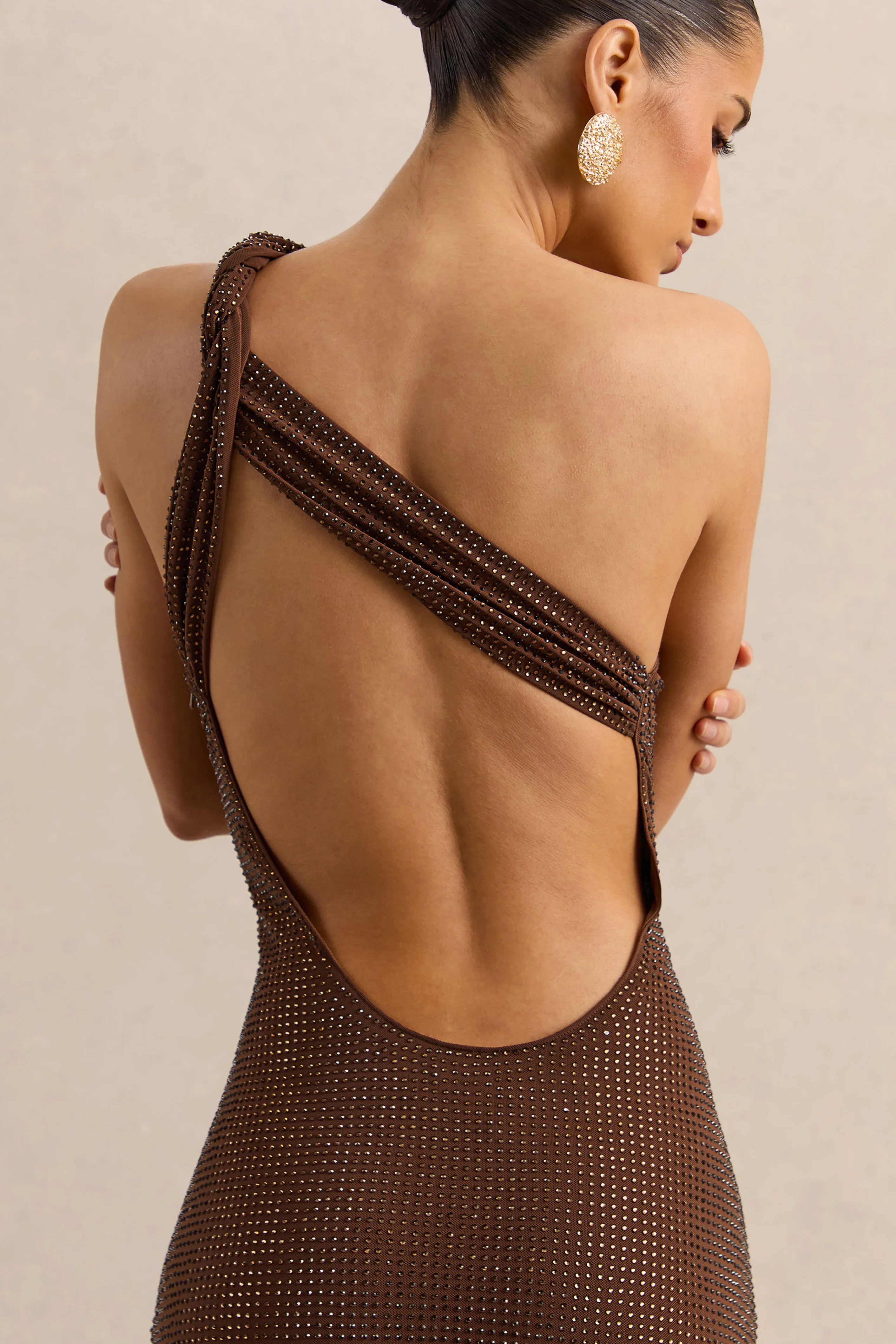Deity | Brown Embellished Asymmetric-Neck Maxi Dress With Open-Back - Image 3