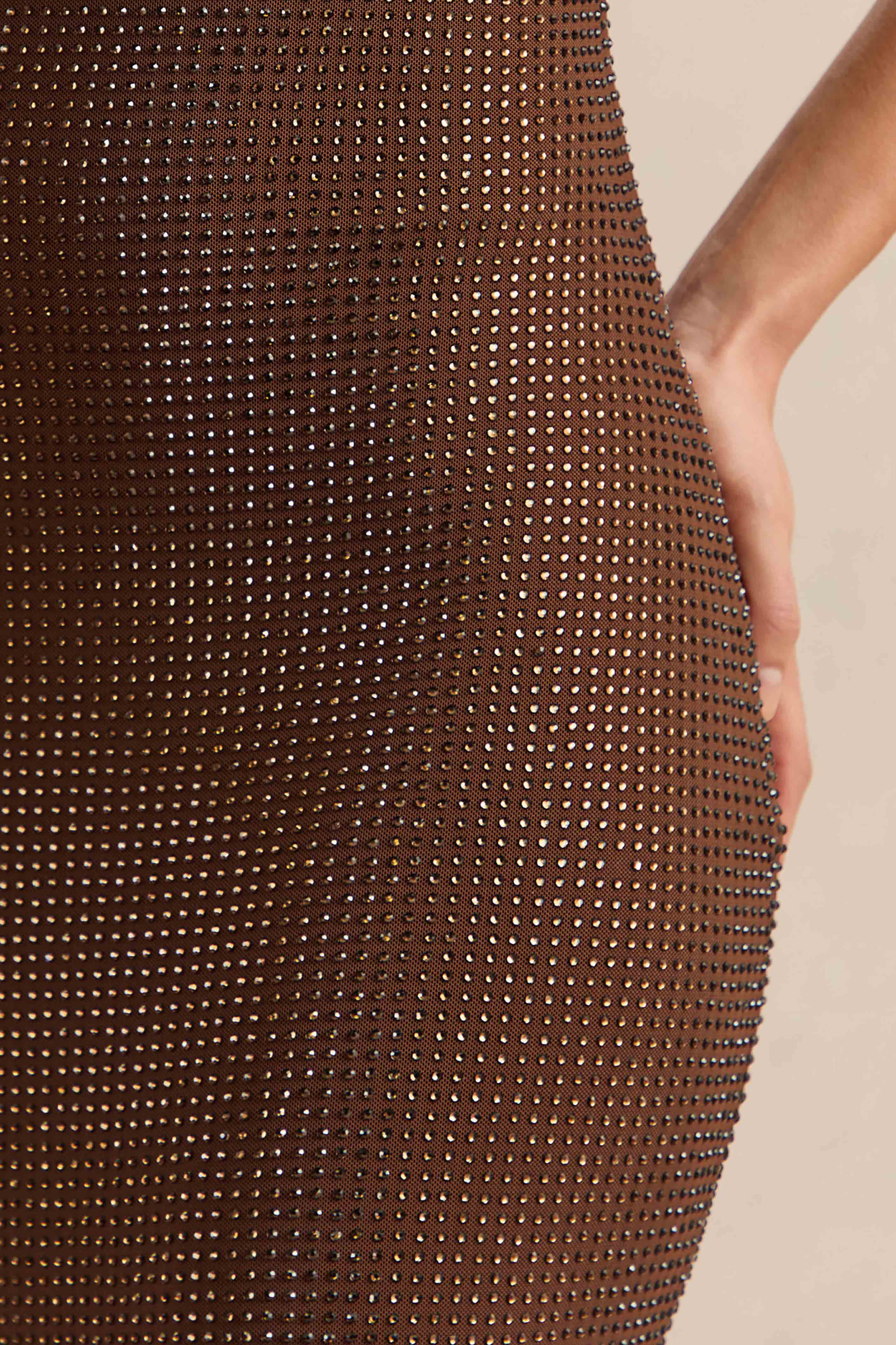 Deity | Brown Embellished Asymmetric-Neck Maxi Dress With Open-Back - Image 7