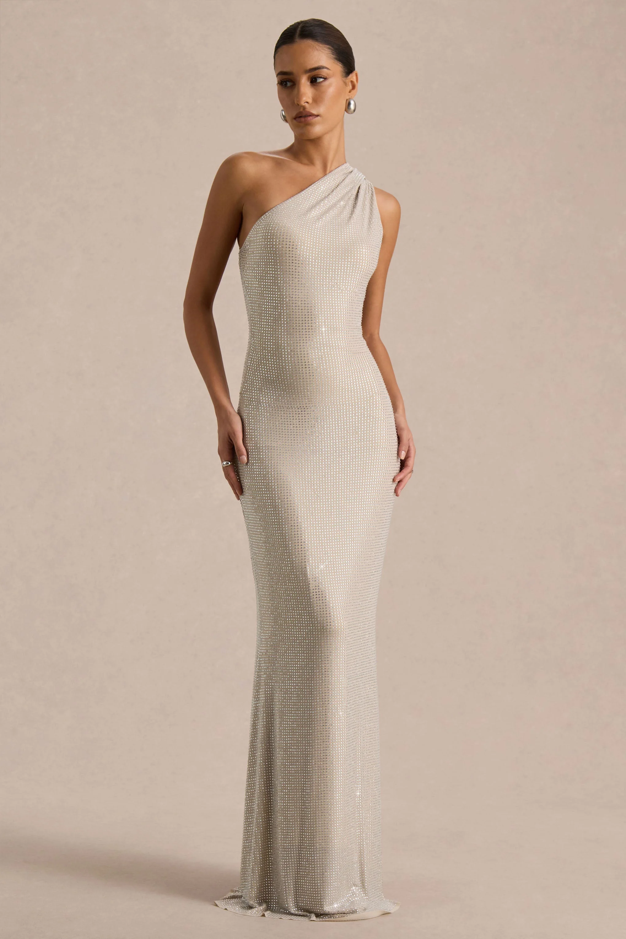 Deity | Silver Embellished Asymmetric-Neck Maxi Dress With Open-Back