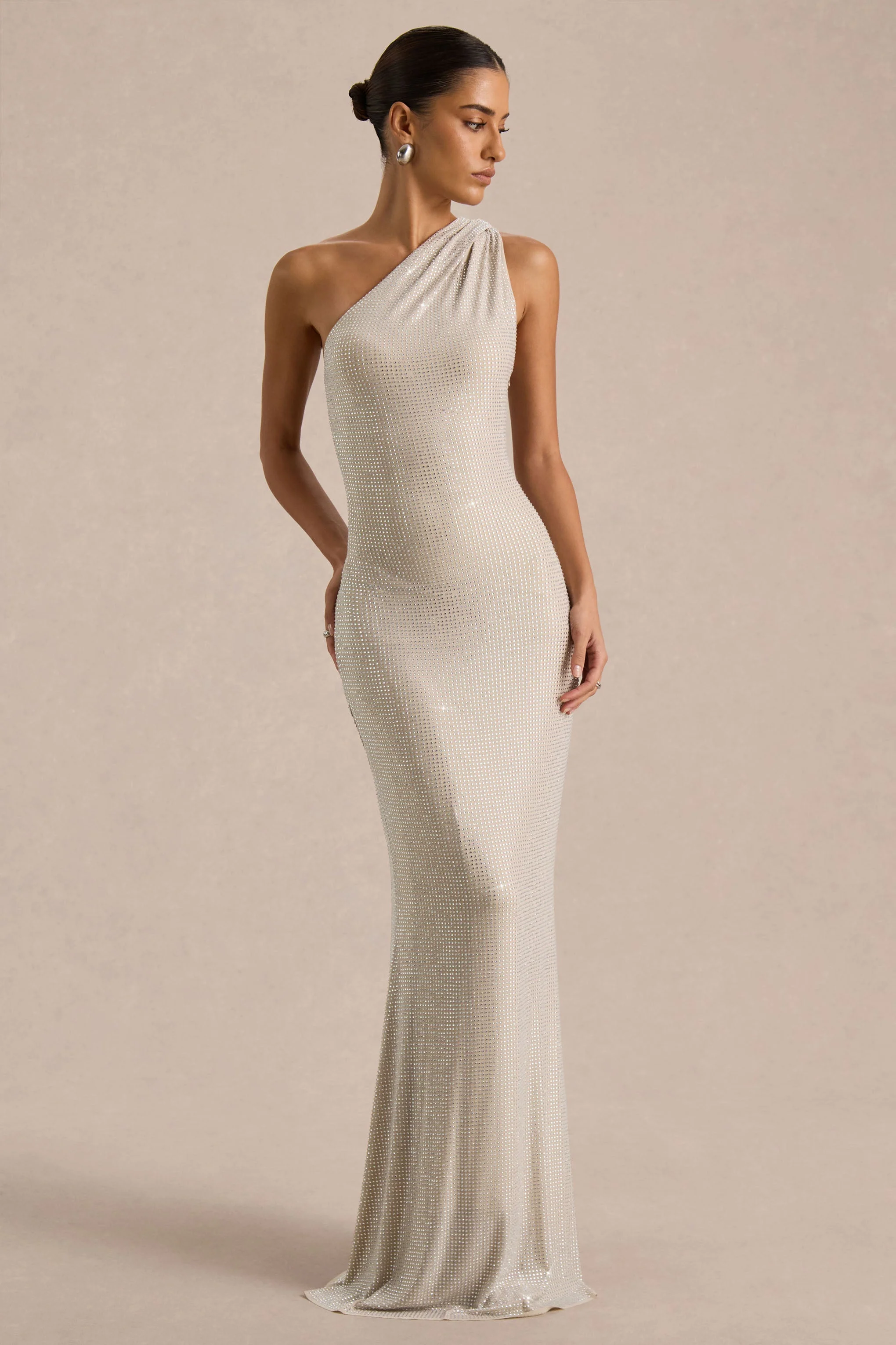 Deity | Silver Embellished Asymmetric-Neck Maxi Dress With Open-Back - Image 3