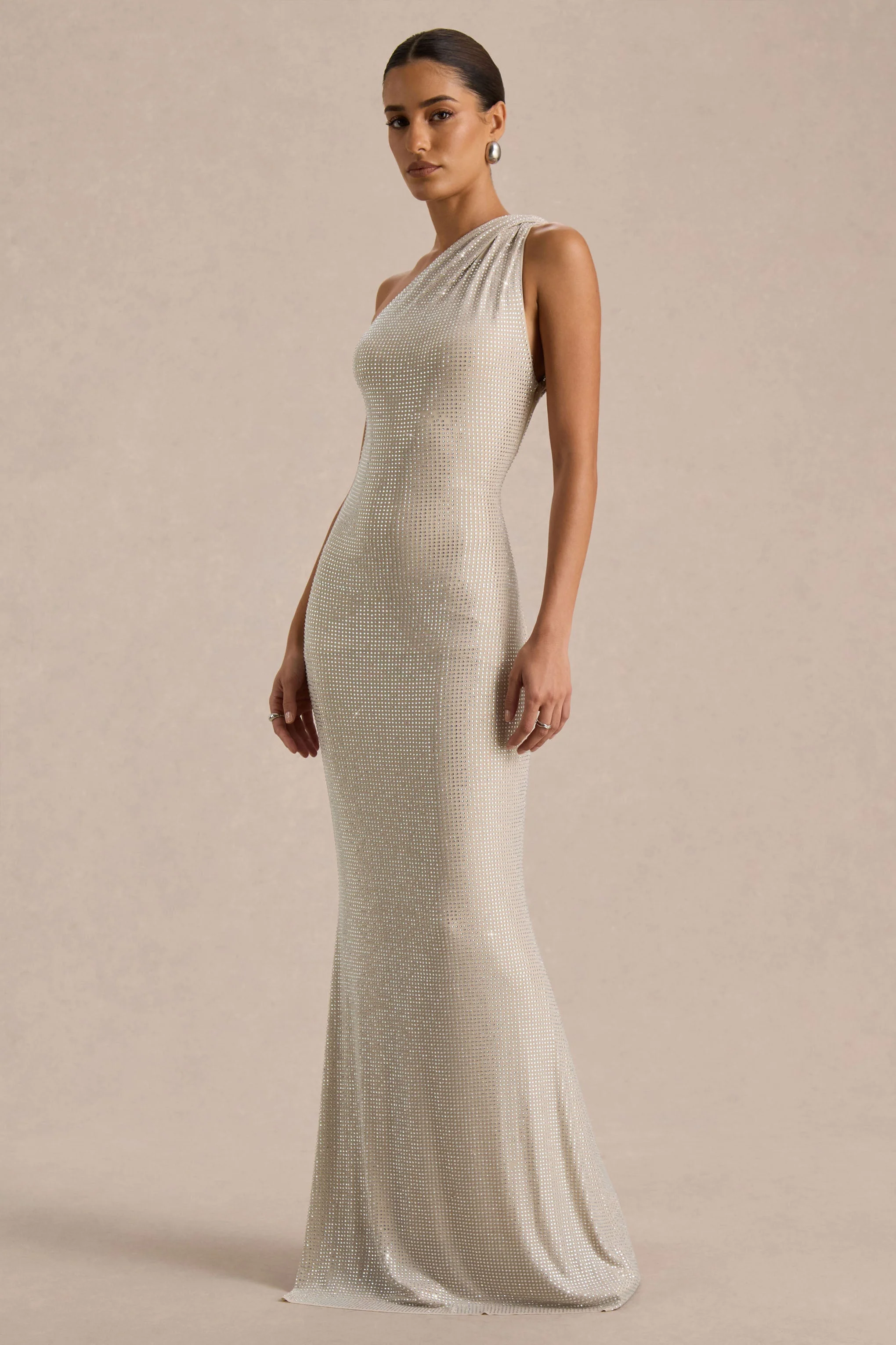 Deity | Silver Embellished Asymmetric-Neck Maxi Dress With Open-Back - Image 5