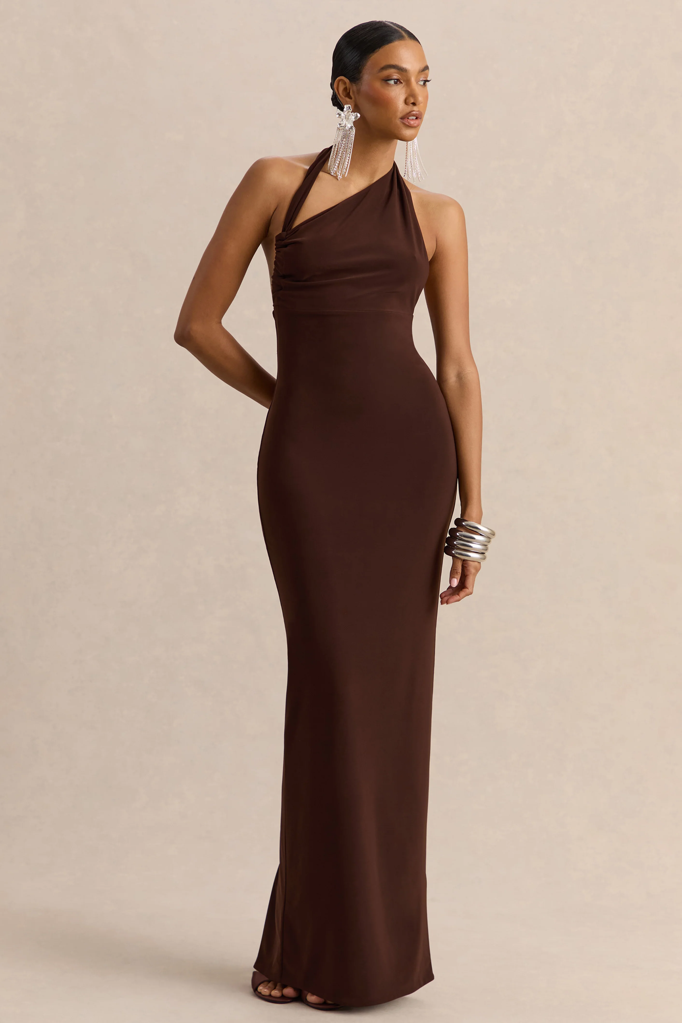Delisse | Brown Asymmetric-Neck Maxi Dress - Image 4