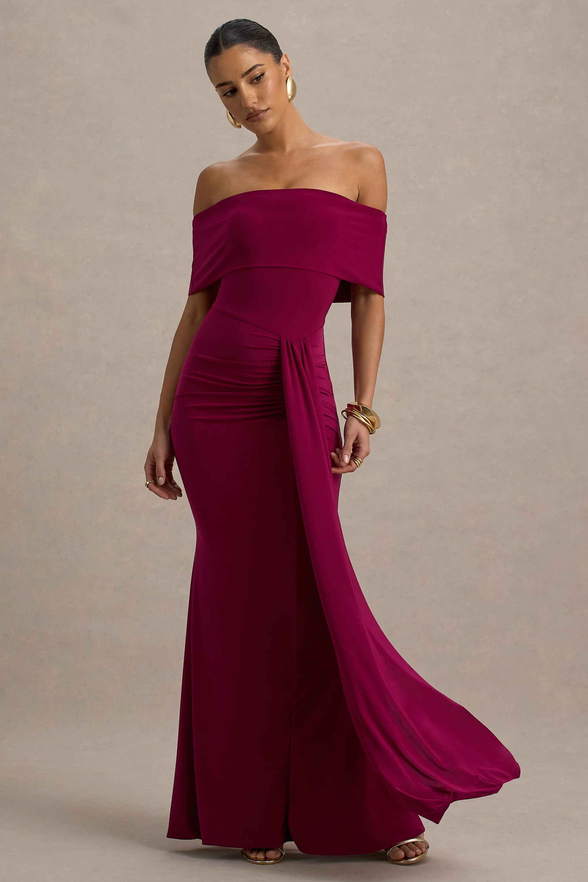 Delma | Burgundy Bardot Maxi Dress With Drape Detail - Image 5