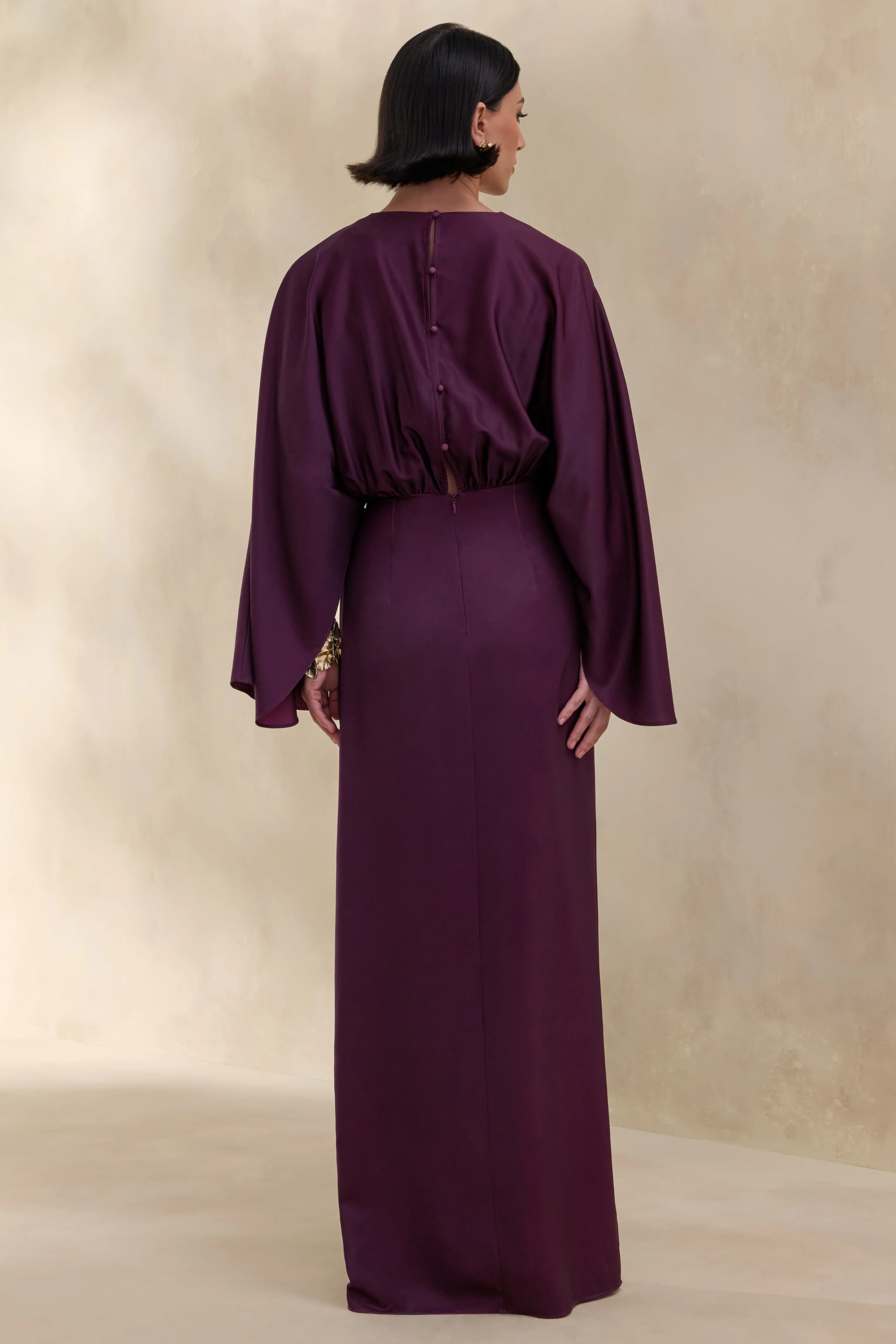 Delphina | Plum Satin Maxi Dress With Gathered And Knot-Detail - Image 2