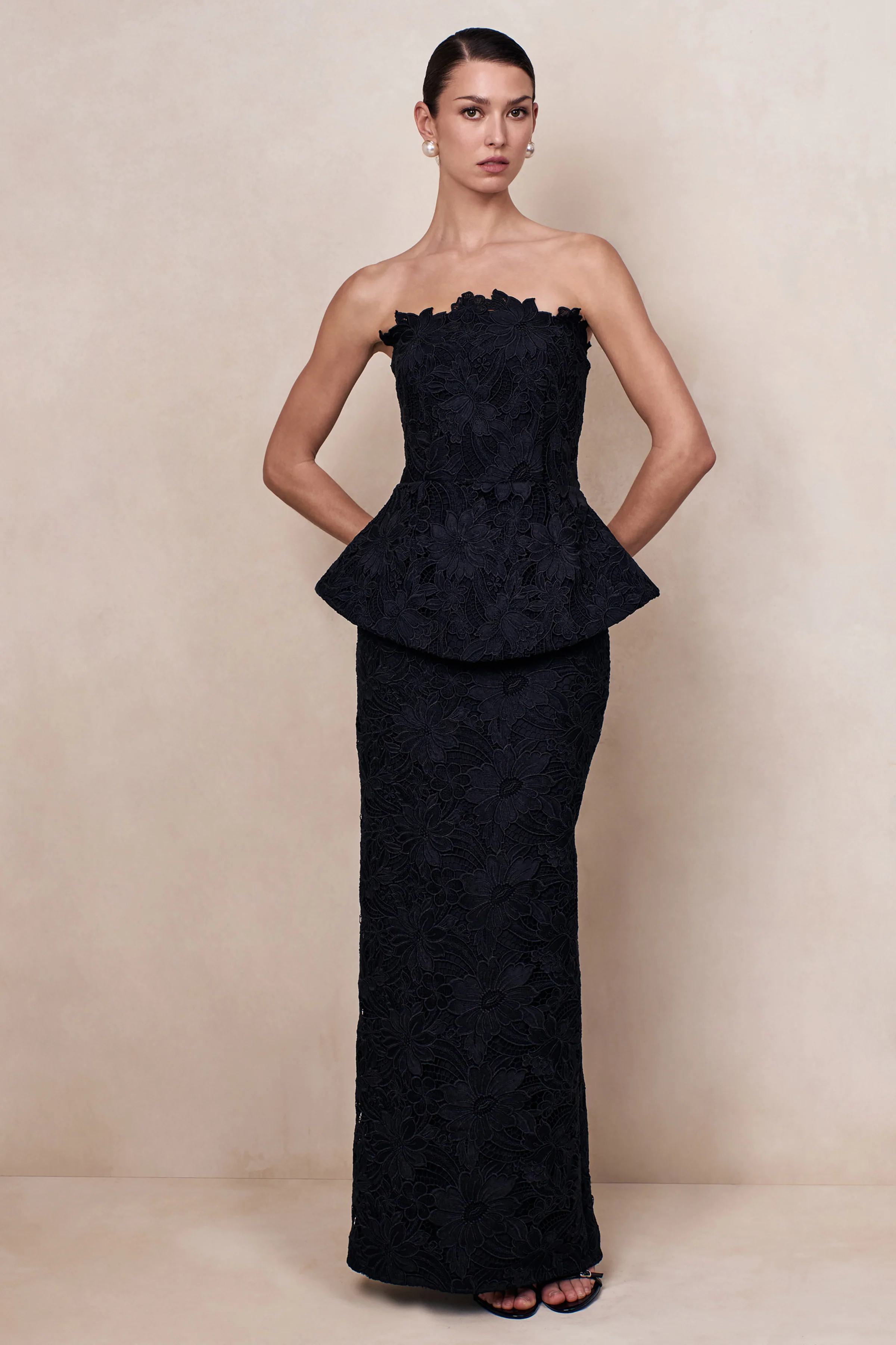 Delvine | Black Lace Bandeau Corset Maxi Dress - Image 3