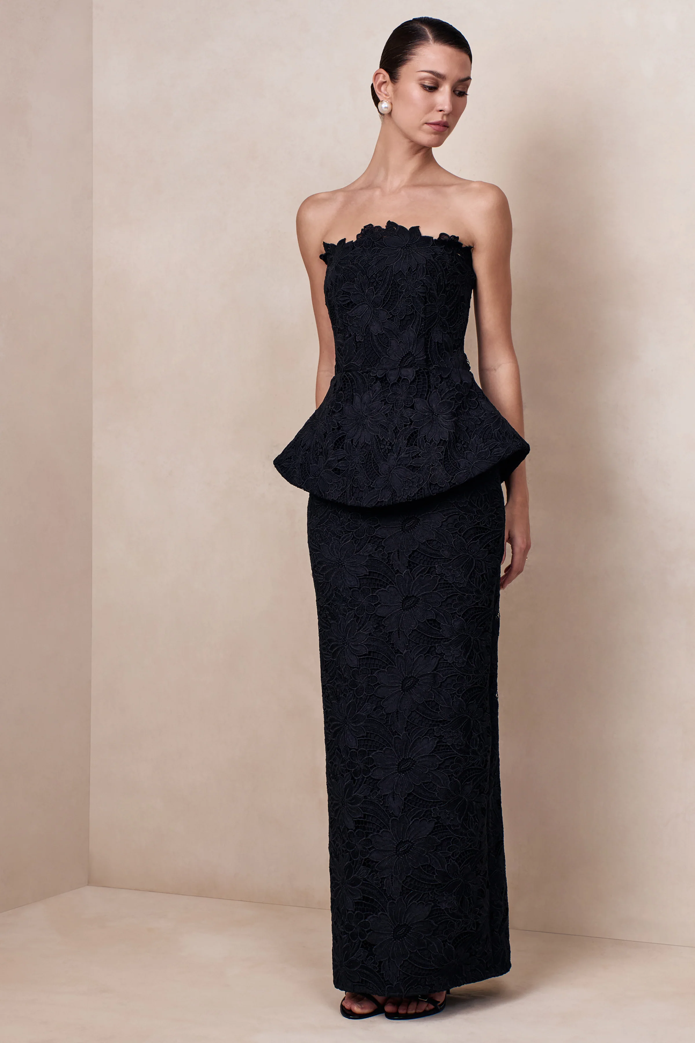 Delvine | Black Lace Bandeau Corset Maxi Dress - Image 8
