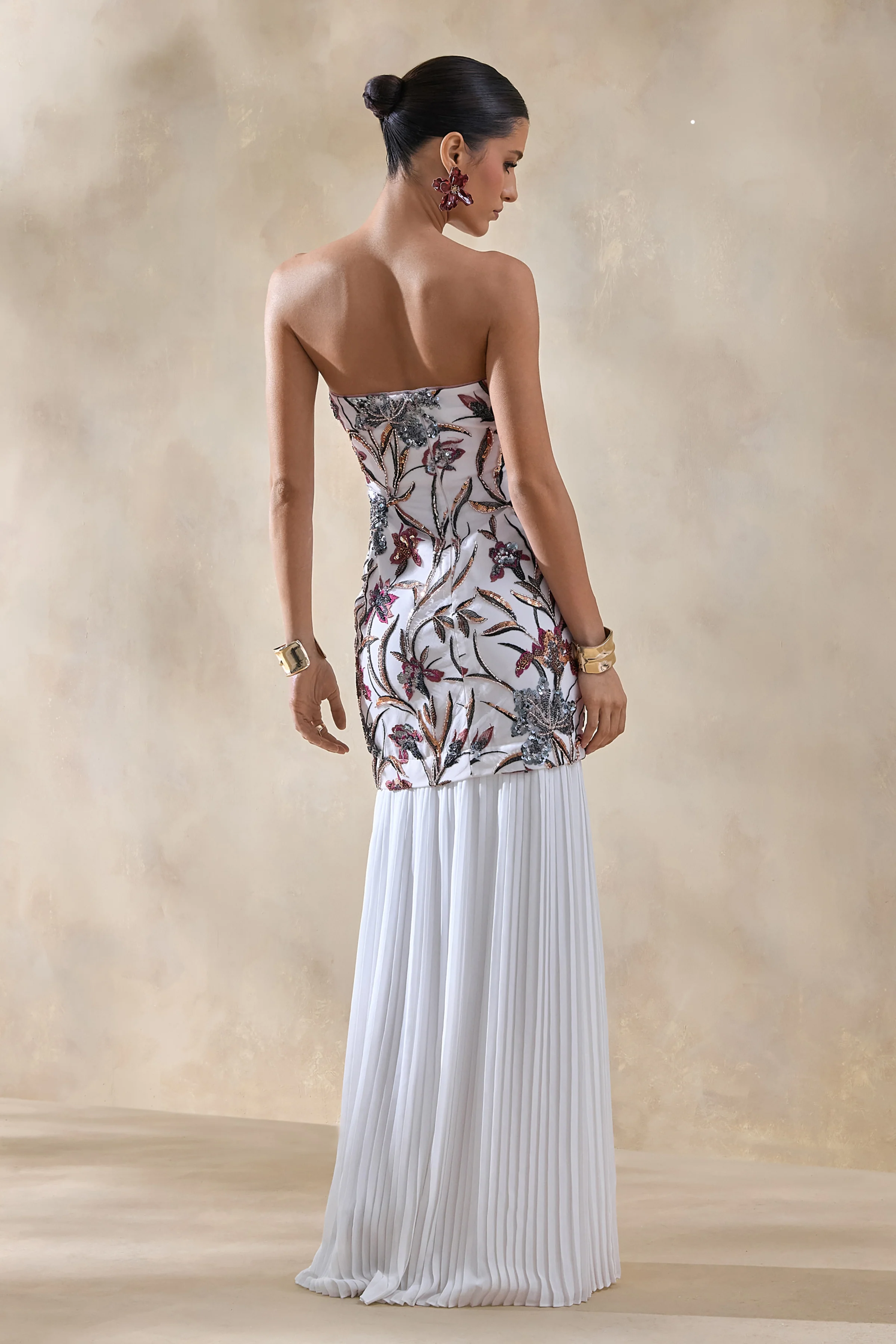 Denise | Cream Sequin Floral Bandeau-Neck Embellished Maxi Dress With Drop-Waist And Mesh Skirt - Image 2