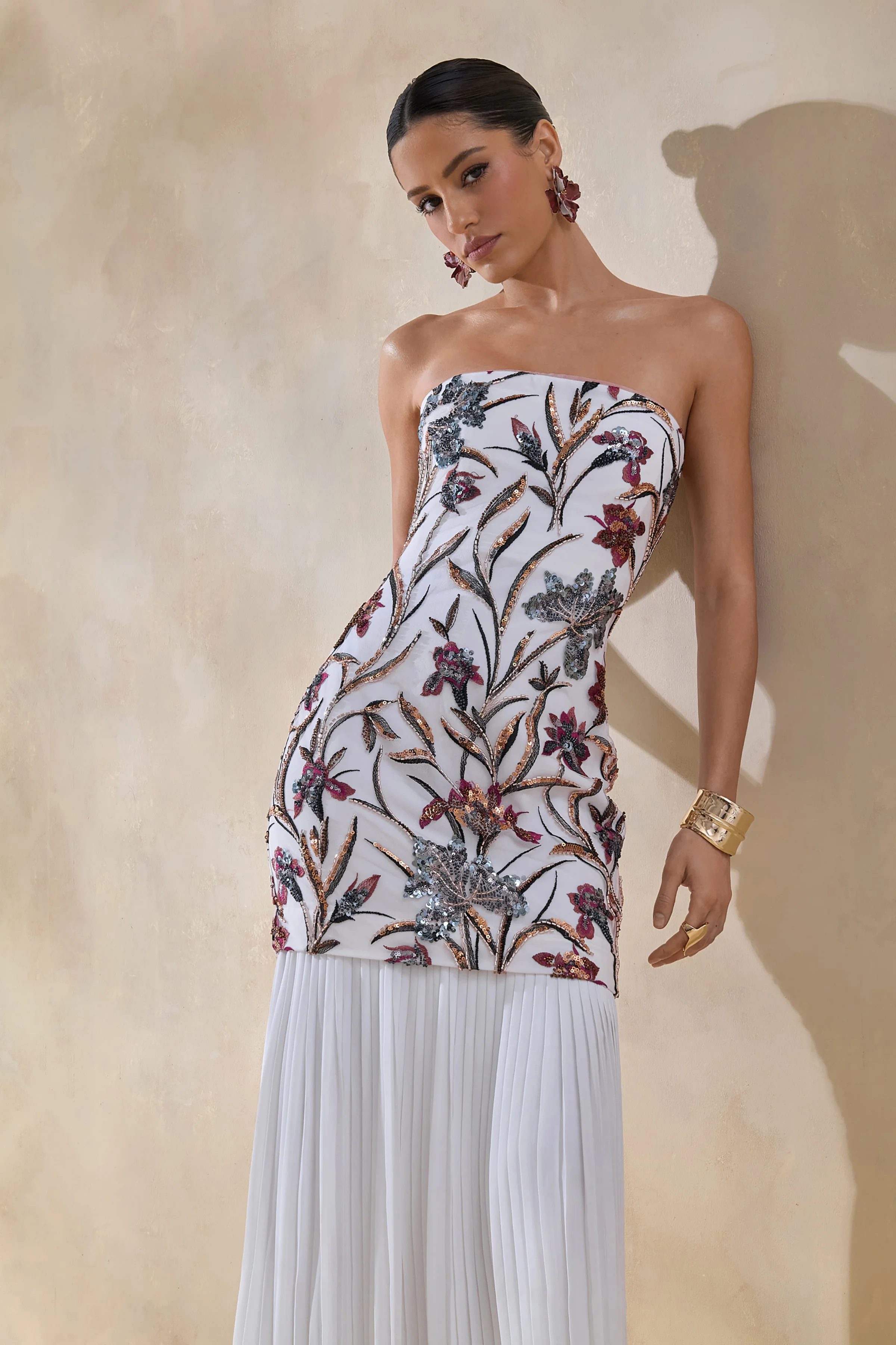 Denise | Cream Sequin Floral Bandeau-Neck Embellished Maxi Dress With Drop-Waist And Mesh Skirt - Image 3