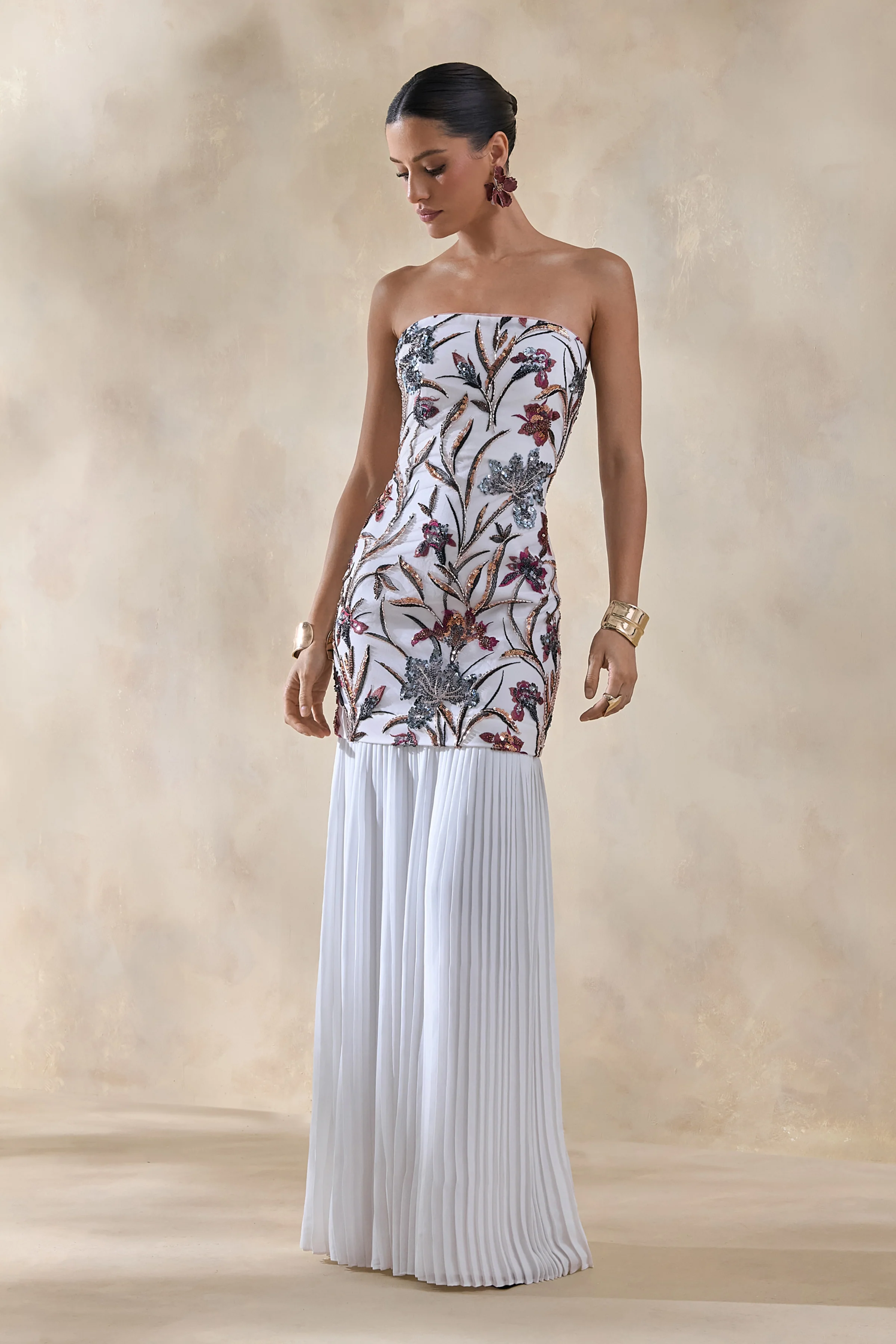 Denise | Cream Sequin Floral Bandeau-Neck Embellished Maxi Dress With Drop-Waist And Mesh Skirt - Image 5
