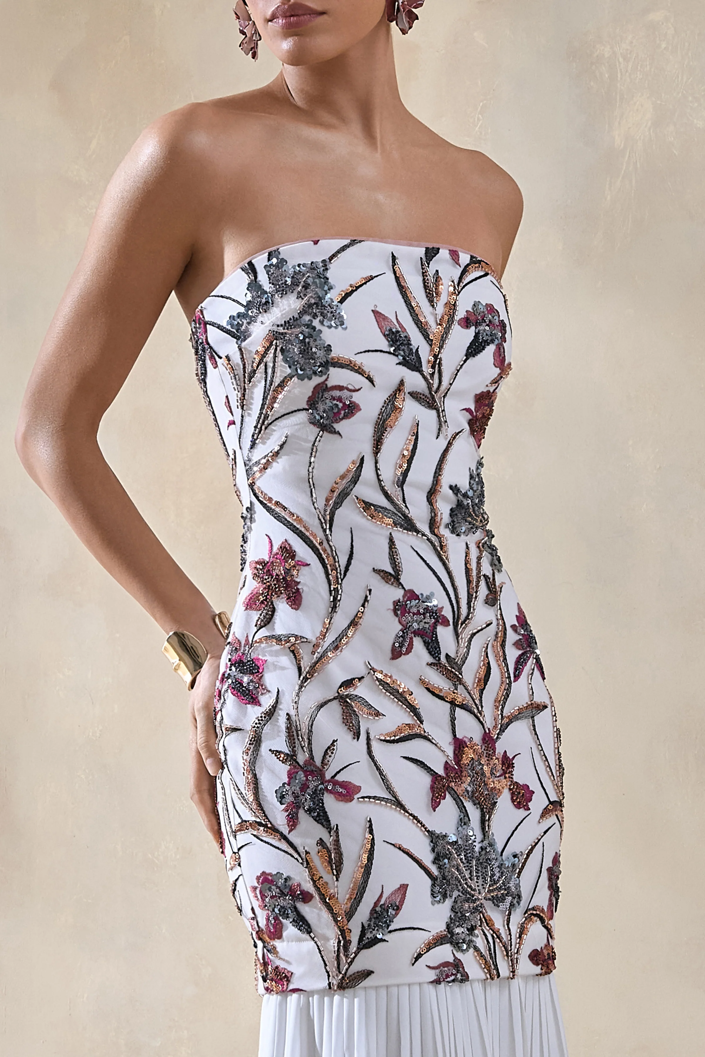 Denise | Cream Sequin Floral Bandeau-Neck Embellished Maxi Dress With Drop-Waist And Mesh Skirt - Image 6