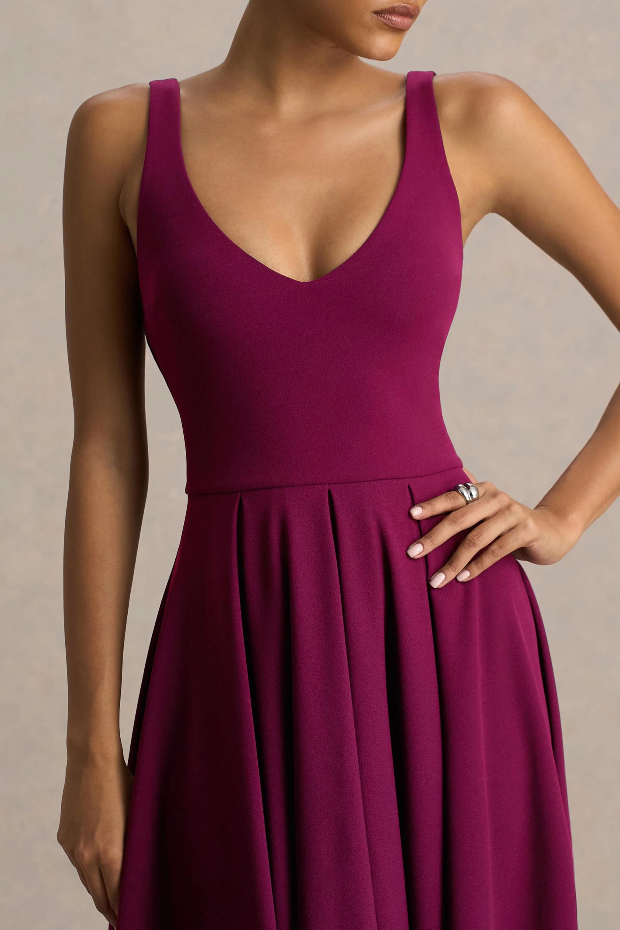 Depths | Burgundy V-Neck Midi Dress - Image 5