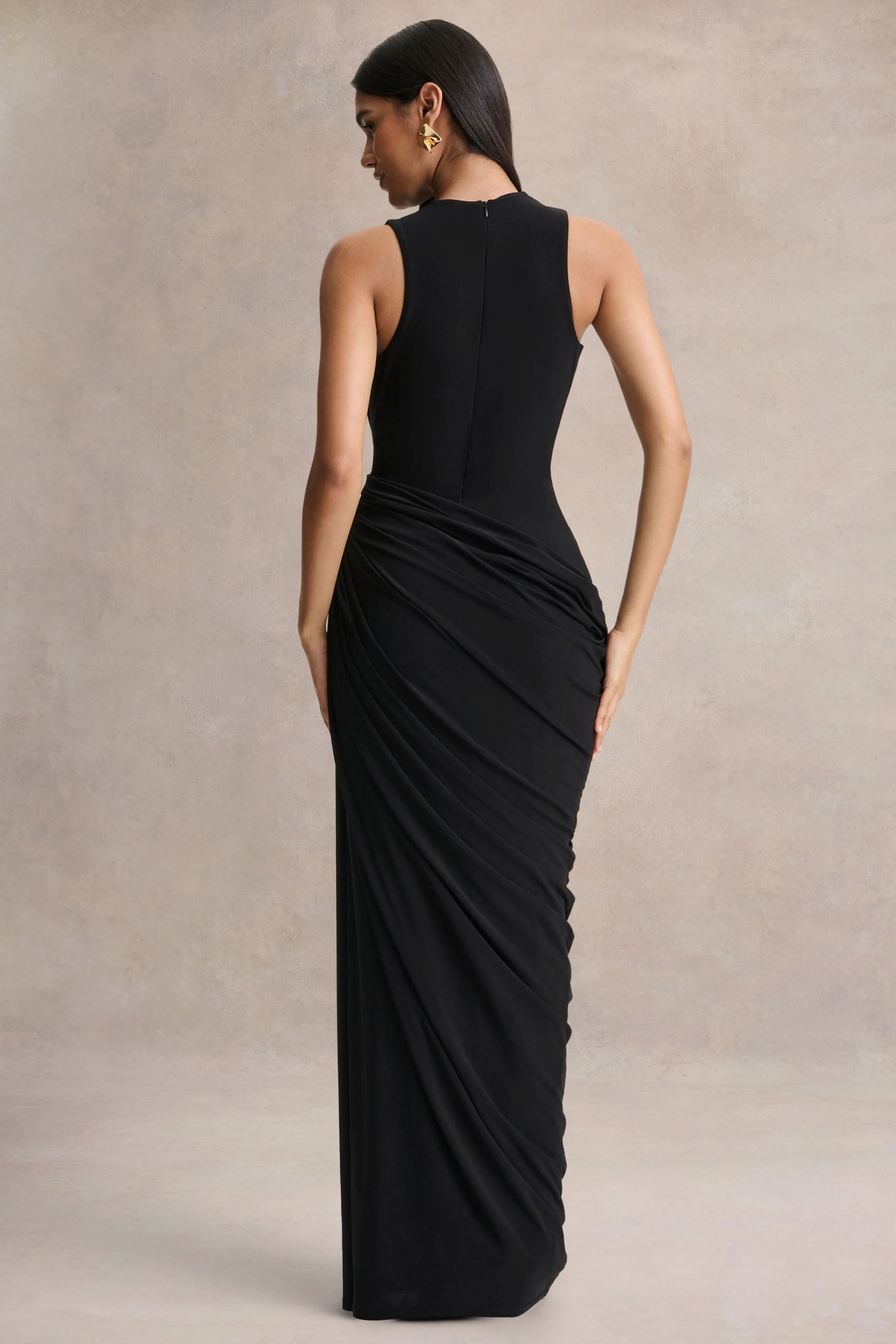 Desiree | Black Plunge-Neck Maxi Dress With Draped Detailing - Image 2