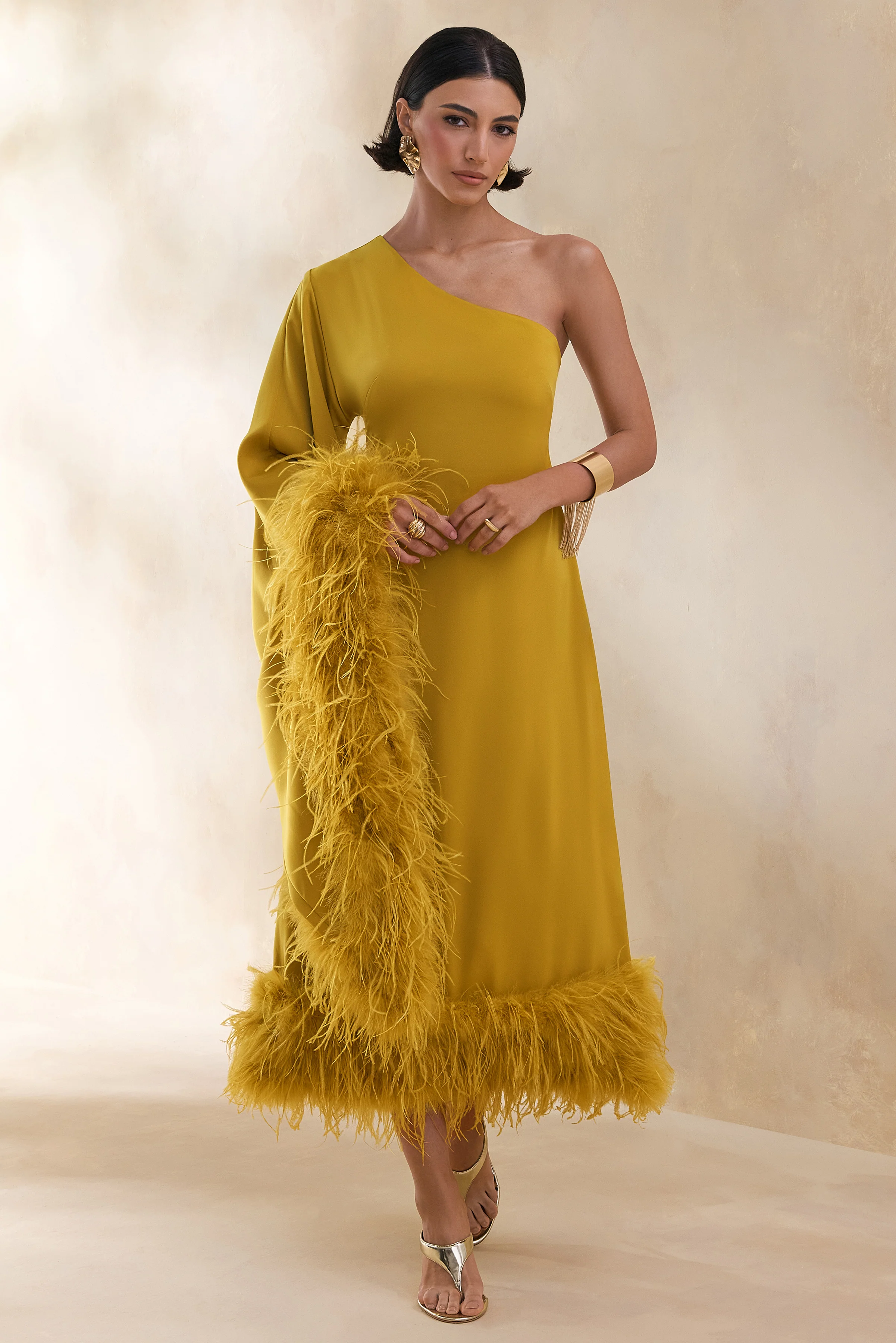 Destiny | Yellow Satin Asymmetric-Neck Midi Dress With Feather Details