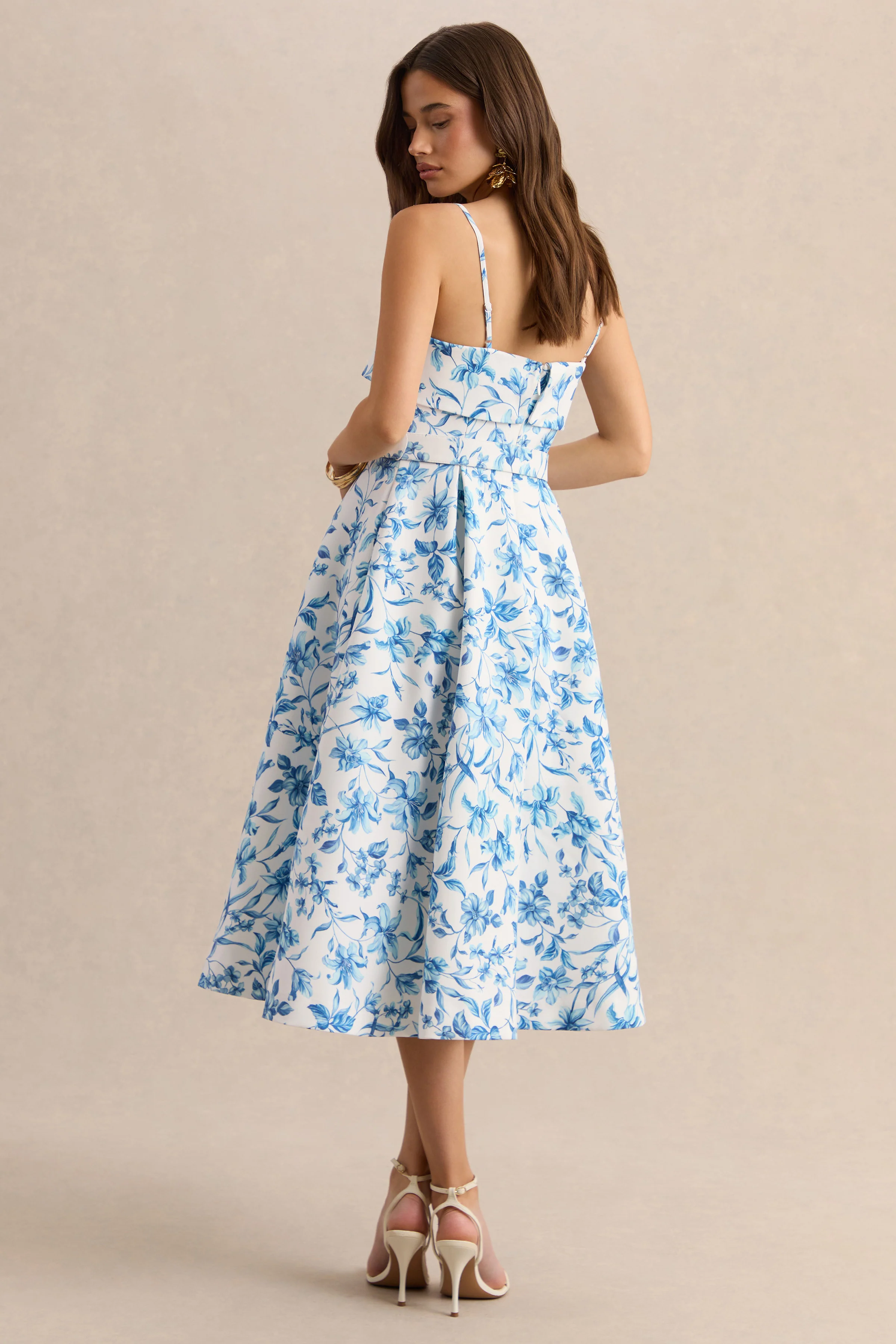 Devina | Blue Porcelain Print Square-Neck Belted Midi-Dress - Image 2