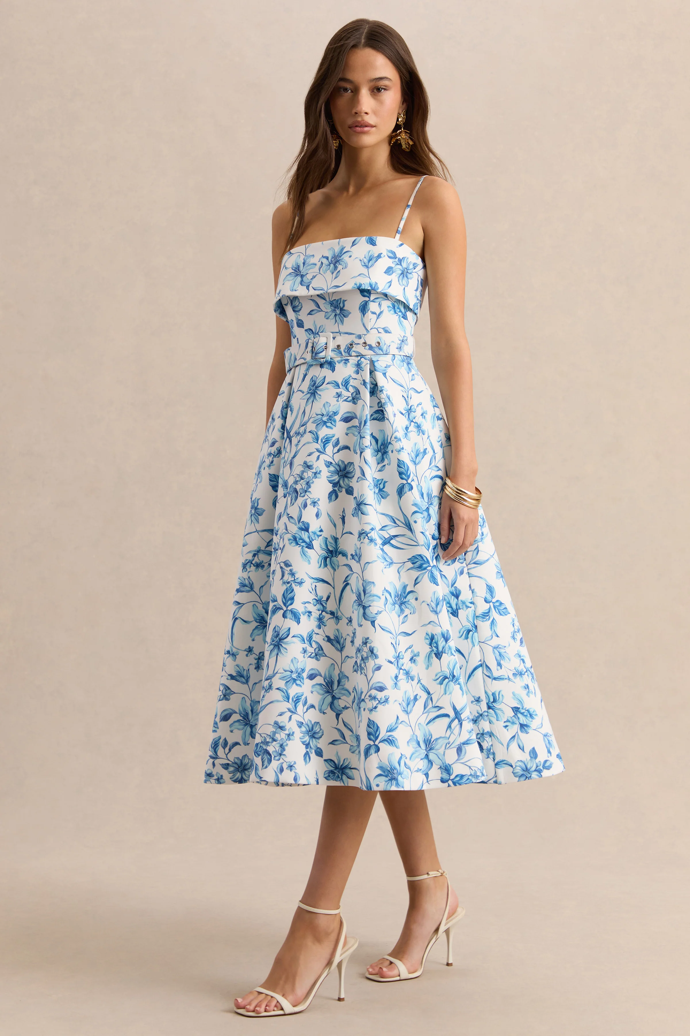 Devina | Blue Porcelain Print Square-Neck Belted Midi-Dress - Image 4